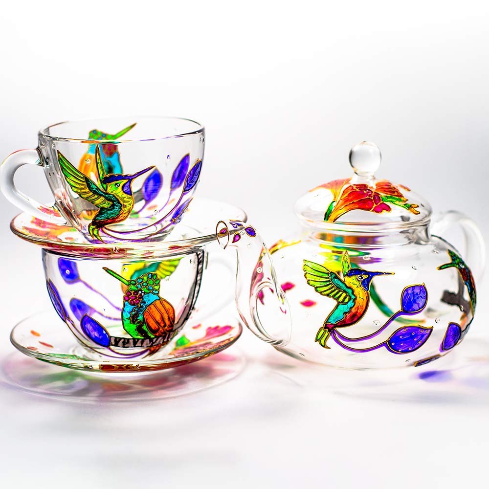 Hand-Painted Hummingbird & Floral Teapot Set with 2 Cups & Saucers - Elegant Wedding Gift for Mom, Mother's Day Present - Luxury Tea Party Accessories for Bridal Showers, Afternoon Tea & Special Occasions