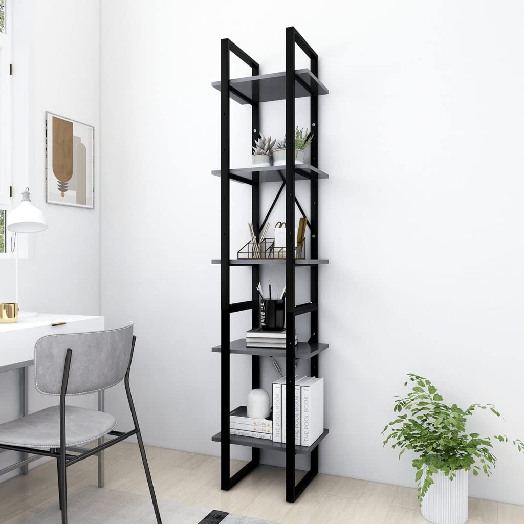 vidaXL 5-Door Bookshelf - Modern Gray Engineered Wood Bookcase with Storage for Office & Living Room | Freestanding Shelving Unit for Home Organization & Display