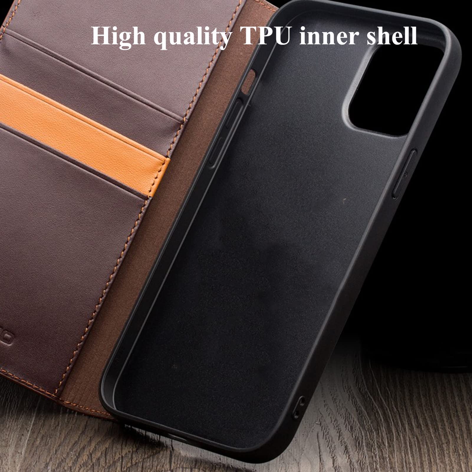 Genuine Leather Wallet Case for iPhone 13/13 Pro/13 Pro Max - Shockproof TPU Cover with Card Slots & Viewing Stand | Black | 6.1