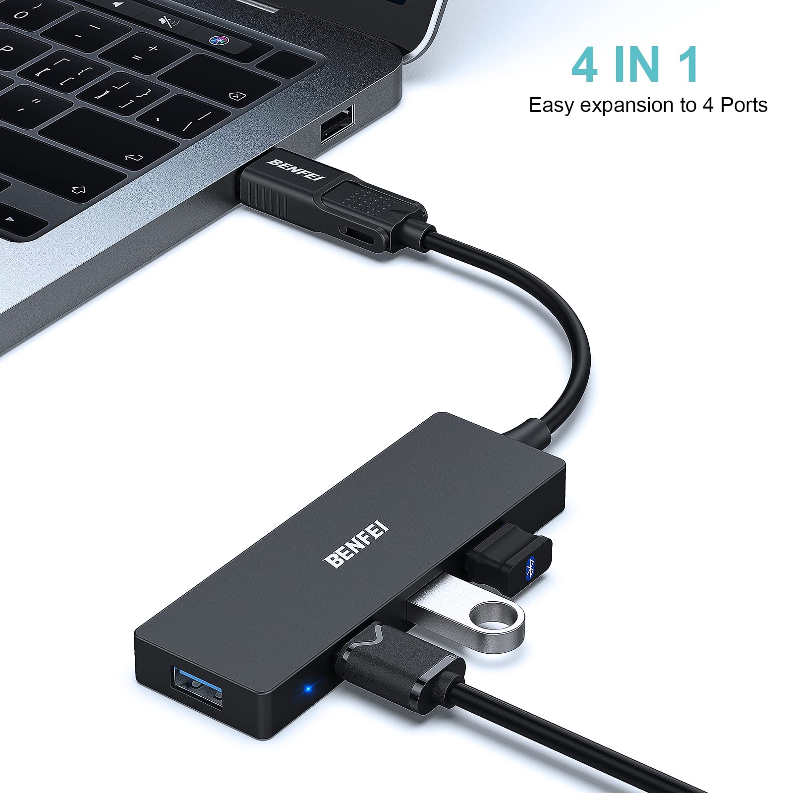 BENFEI 4-Port USB 3.0 Ultra Slim Hub with USB-C Adapter - 5Gbps High Speed Data Transfer - Compatible with iPhone 15 Pro/Max, MacBook Pro/Air 2023, iPad Pro, iMac, XPS 17 - Perfect for Home Office, Travel & Multi-Device Charging