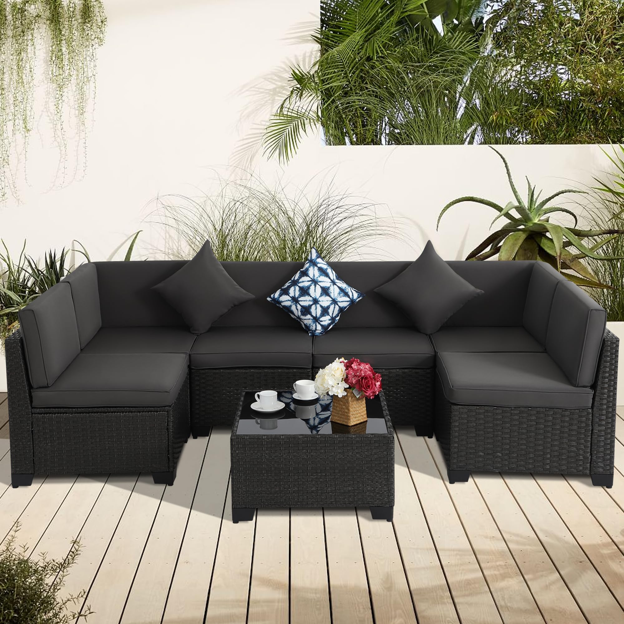 **KIGOTY 7-Piece Modular Outdoor Sectional Sofa Set - All-Weather PE Wicker Patio Furniture with Cushions & Glass Coffee Table (Green Cushions, Gray) - Perfect for Backyard, Poolside, or Garden Relaxation**