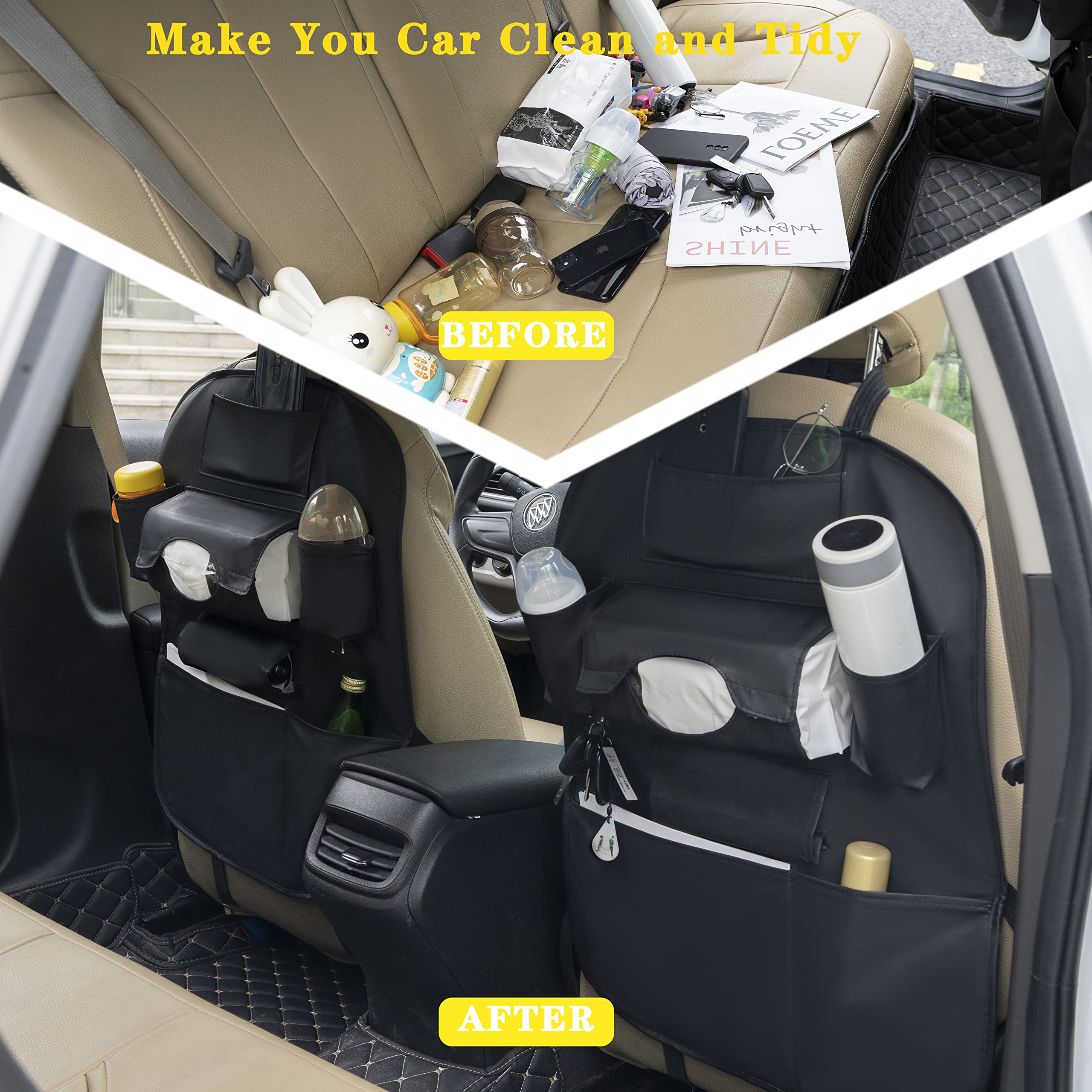 PU Leather Backseat Car Organizer - Universal Travel Storage Bag with Pockets & Kick Mats | Back Seat Protector for Kids | Perfect for Road Trips & Family Travel Accessories