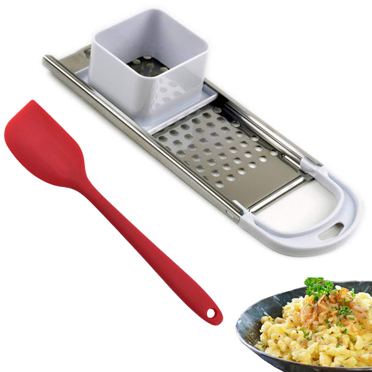 Premium Stainless Steel Spaetzle Maker & Noodle Press - German Dumpling Maker with Safety Pusher & Silicone Spatula - Perfect for Homemade Pasta, Spaetzle, Dumplings & Asian Noodles - Ideal Kitchen Tool for German, Italian & Asian Cuisine