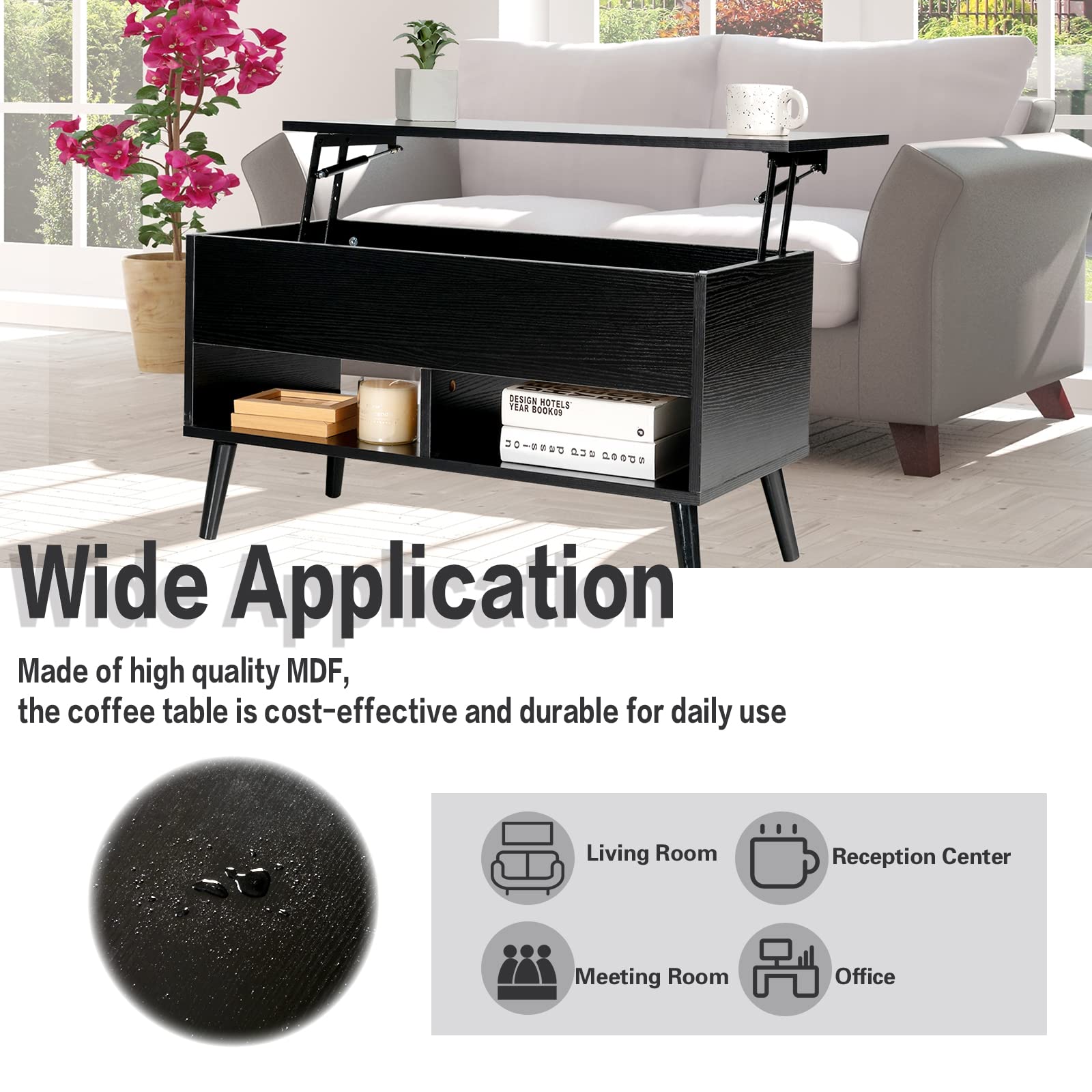 Tangkula Lift Top Coffee Table with Hidden Storage - Wooden Lift Tabletop Dining Table with 2 Open Shelves & Metal Hydraulic Lifting Device - 4 Pine Legs - Modern Rising Tabletop Center Table for Living Room, Office, or Small Space