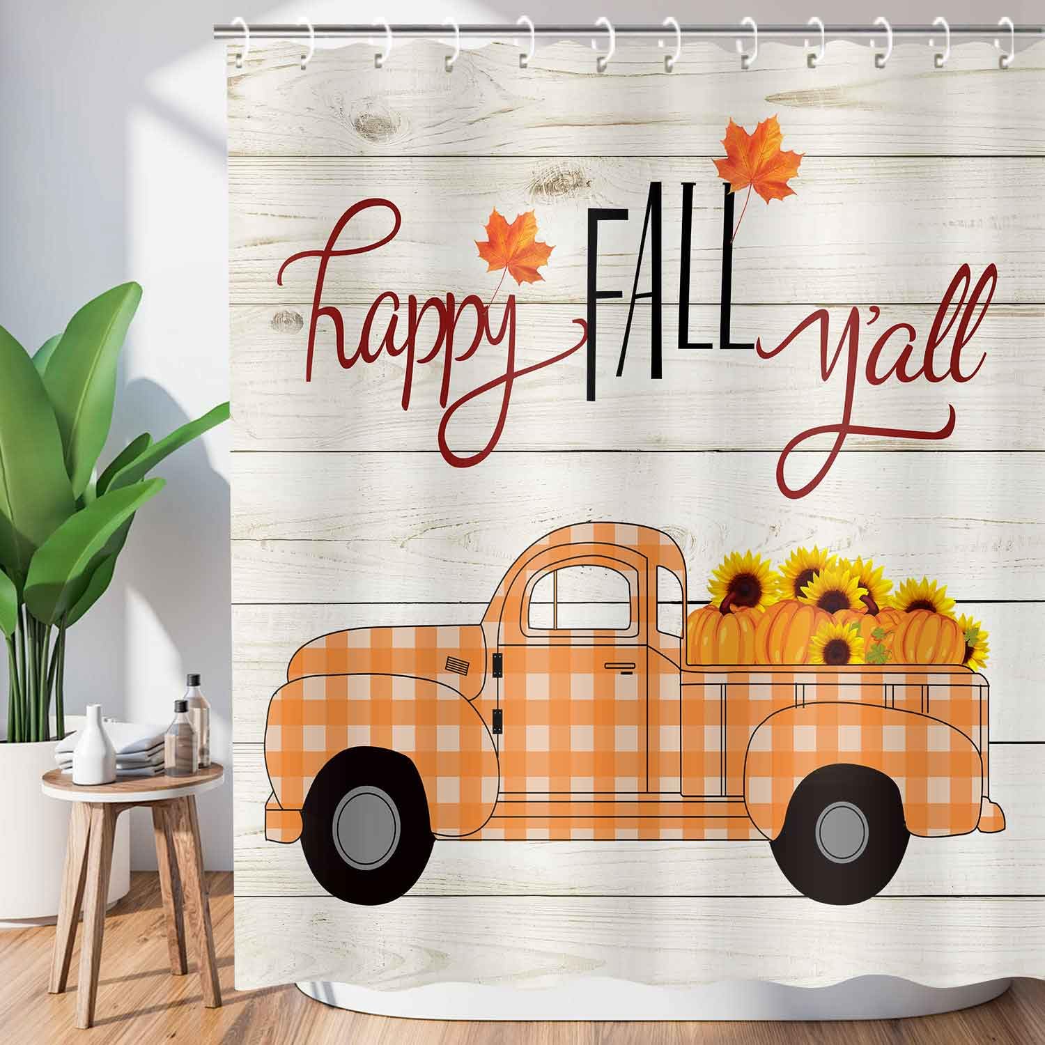 JAWO Fall Shower Curtain - Thanksgiving Harvest Pumpkin Sunflower Truck Maple Leaves Bathroom Decor, Autumn Farmhouse Orange Printed Polyester Fabric Bath Curtain with Hooks 72x72 - Perfect for Seasonal Bathroom Makeover & Cozy Autumn Atmosphere