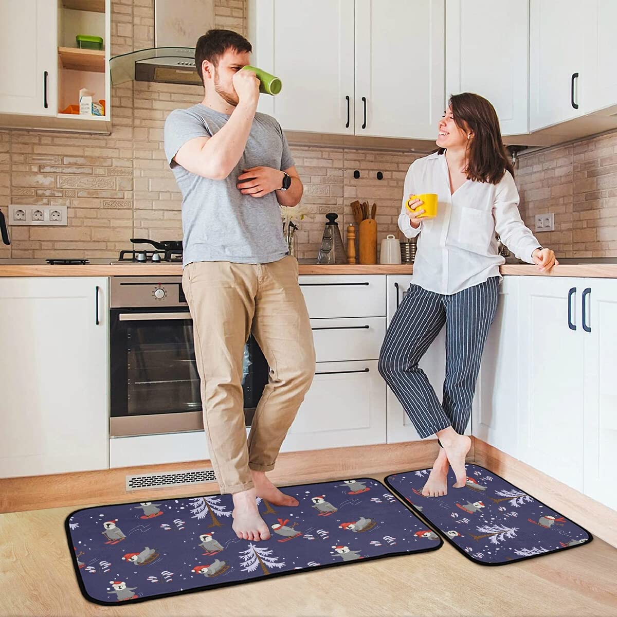 Cute Penguins Non-Slip Kitchen Rugs Set of 2 - Washable Christmas Skiers Design Runner Mats for Kitchen Floor, Home Sink, Laundry & Office - Perfect for Holiday Decor & Winter Home Safety