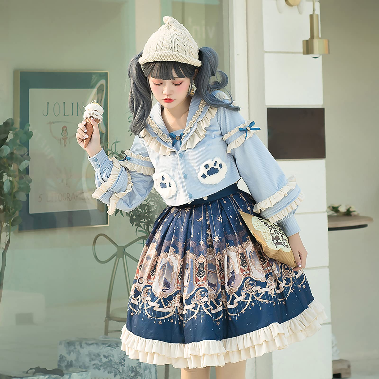 Sweet Lolita Dress Plus Size 2-Piece Set - Victorian Style Kawaii Blue Cape & Skirt for Women | Christmas Party, Cosplay, Tea Party Outfit