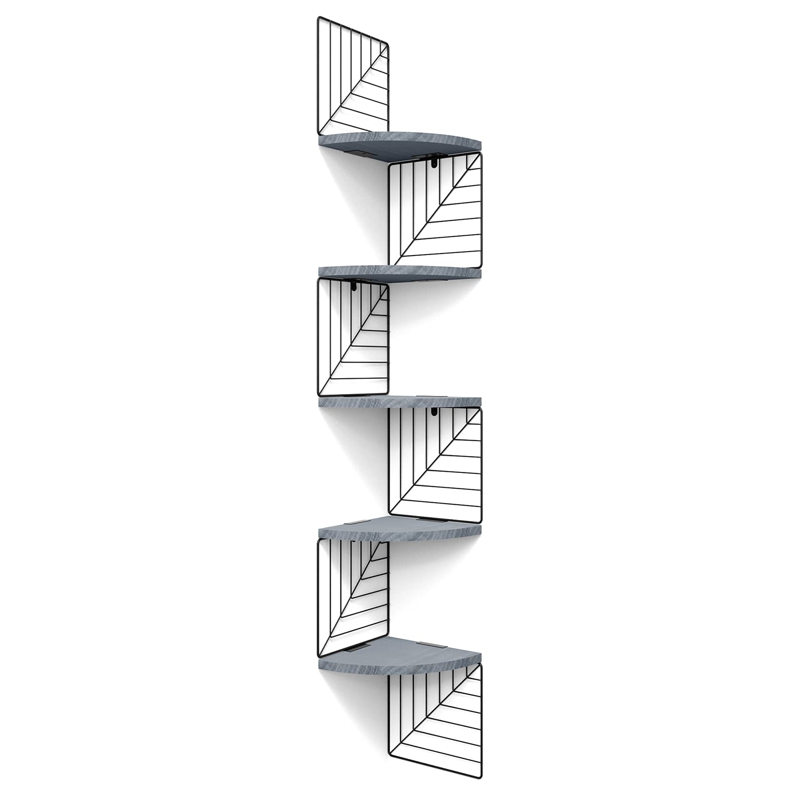 5-Tier Rustic Wood Floating Wall Shelves - Corner Shelf for Bedroom, Living Room, Bathroom, Kitchen & Office - Weathered Grey Finish - Perfect for Home Decor, Storage & Display