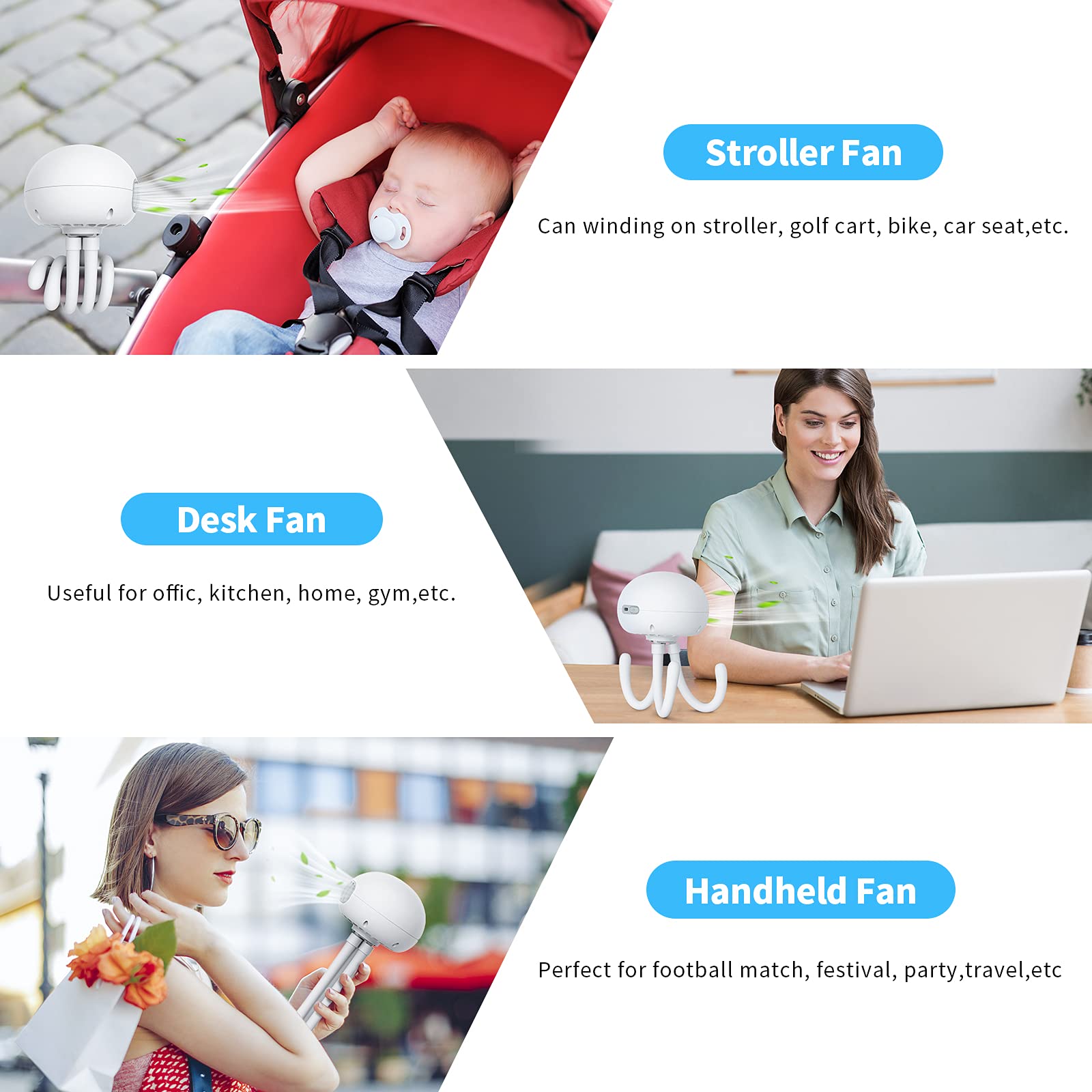 SmartDevil 3-Speed Portable Clip-On Stroller Fan with Flexible Tripod & 60° Rotation - Rechargeable Battery Operated Handheld Fan for Baby Strollers, Car Seats, Treadmills, Camping, Office & Outdoor Activities (White)