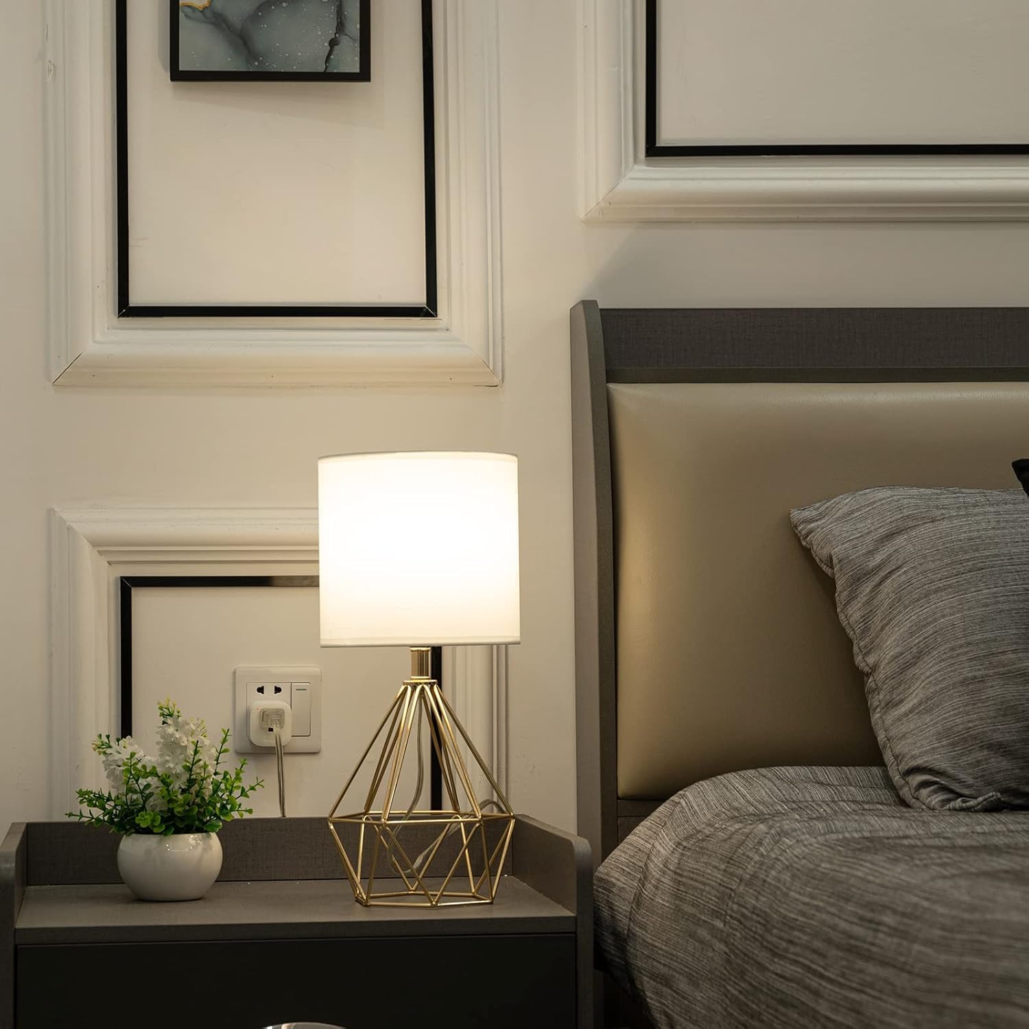 Modern Gold Hollow Out Base Bedside Table Lamp with Geometric Metal Base & White Fabric Shade - Elegant Nightstand Lamp for Bedroom, Kids Room & Living Room - Perfect for Reading, Decor & Ambient Lighting