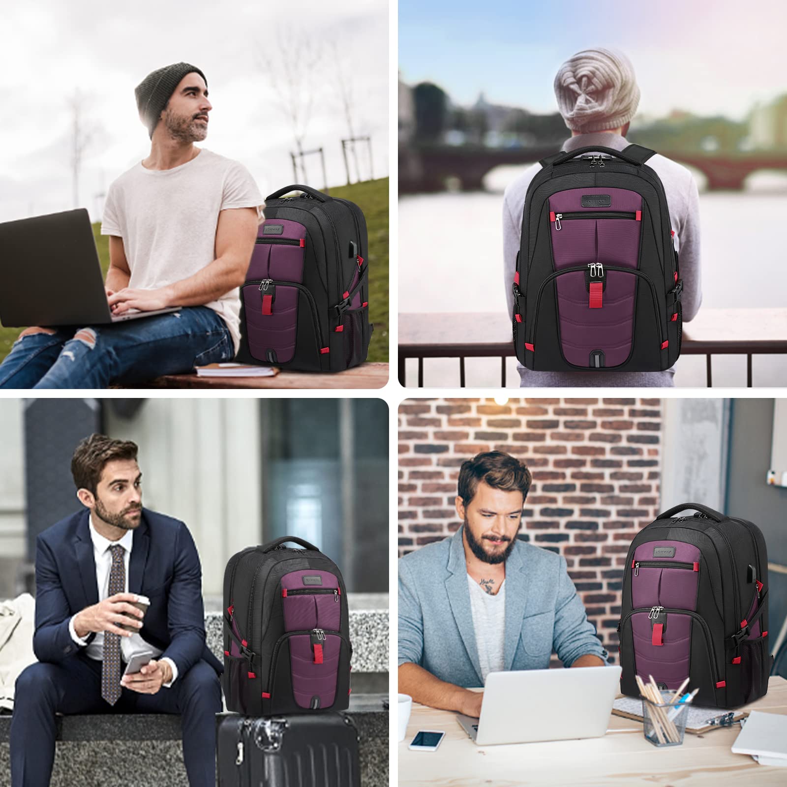 LOVEVOOK 17 Inch Waterproof Anti-Theft Laptop Backpack with USB Charging Port & Lock - Lightweight Business Travel Backpack for Men & Women, College Students (Black & Purple) - Perfect for Work, School, Airplane & Daily Commute