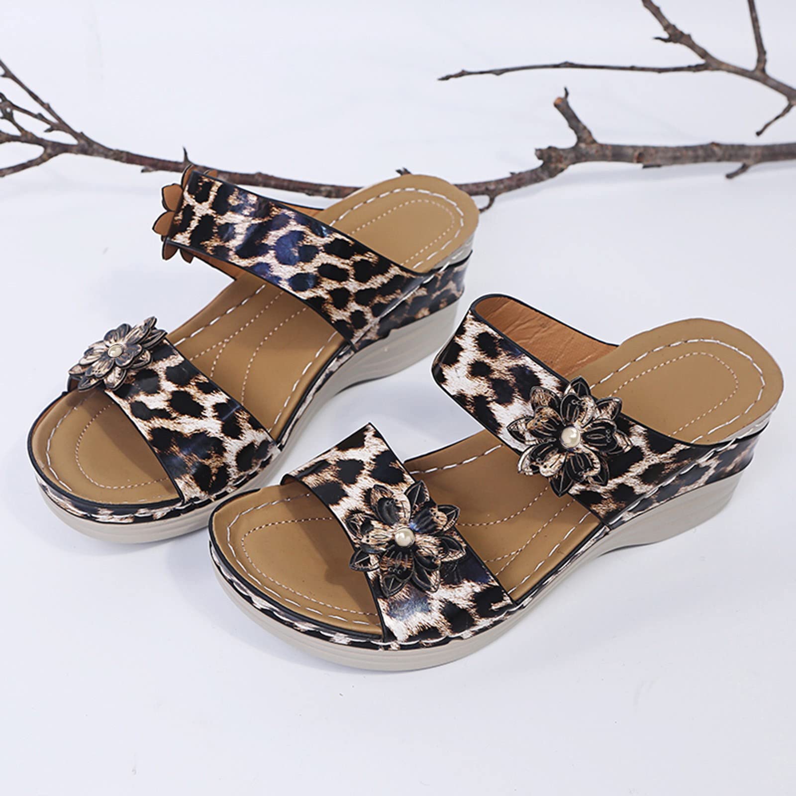 Eduavar Women's Floral Leopard Print Peep Toe Wedge Sandals - Comfortable Slip On Dressy Sandals for Summer, Beach, Party & Casual Outings