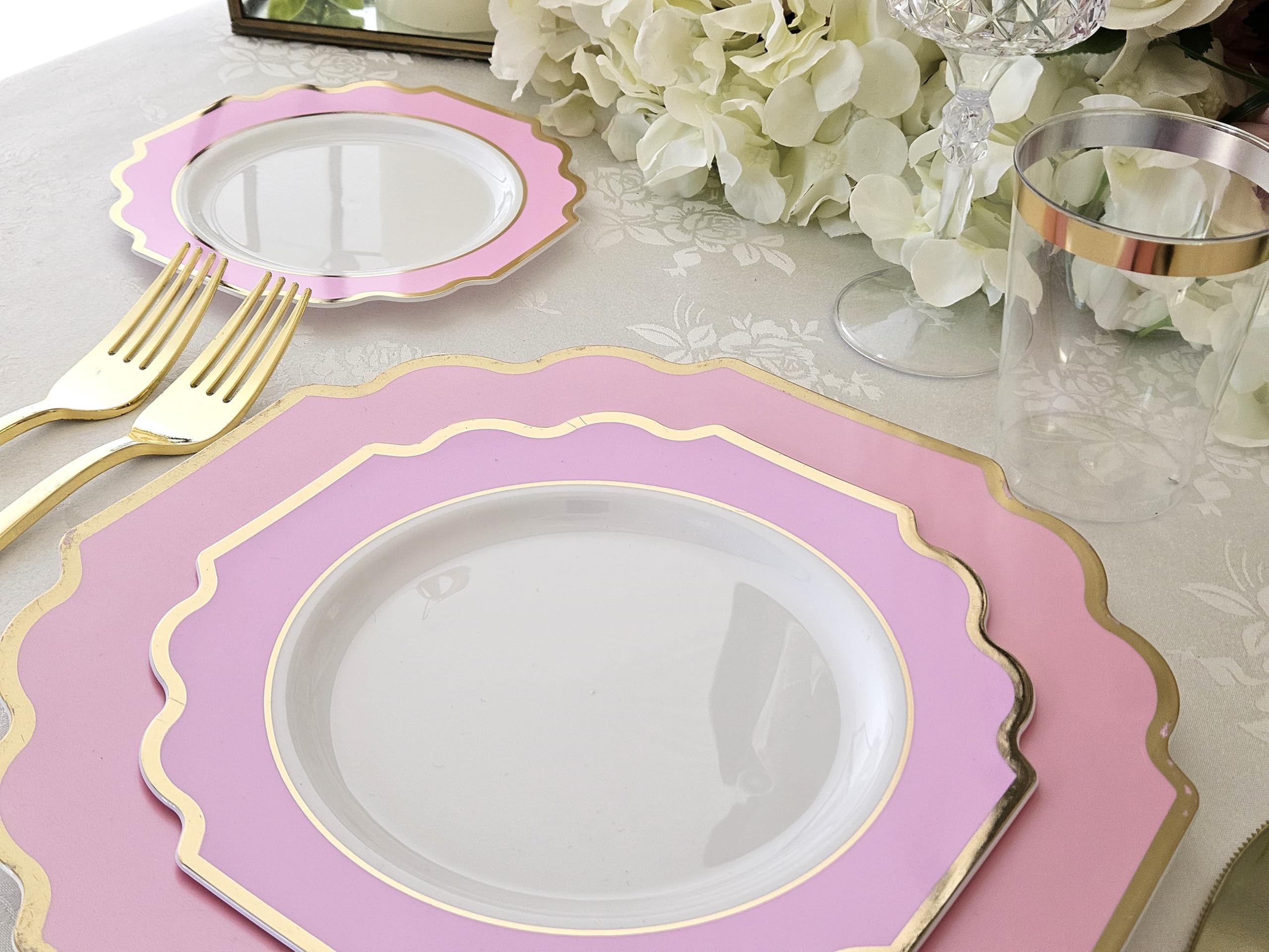 60 Heavyweight Disposable Plastic Plates for Weddings & Parties - 8'' Dinner Plates in Imperial White, Light Pink & Gold - Elegant Tableware for Special Occasions, Events & Celebrations