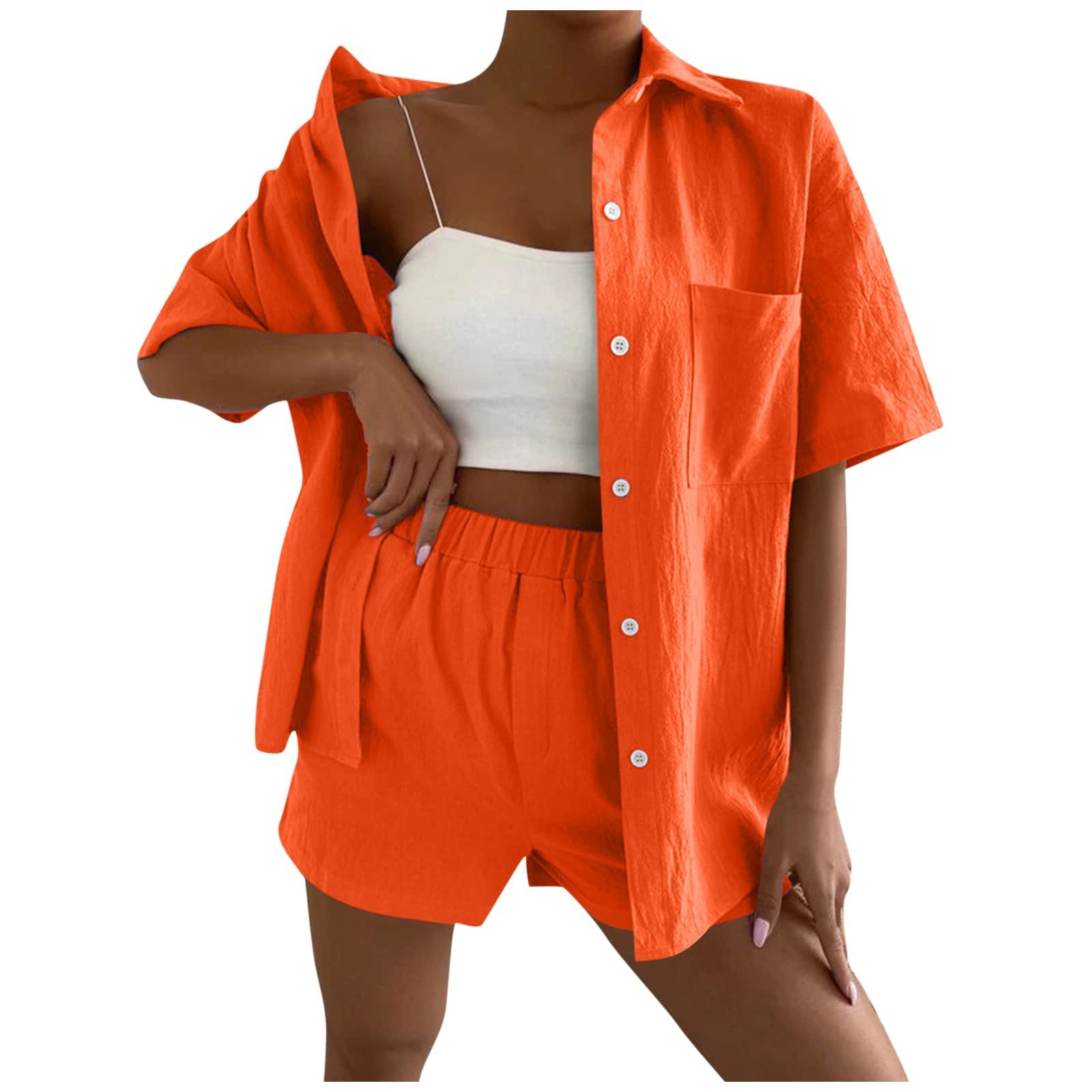 Women's Linen Short Sets - 2 Piece Summer Outfit with Short Sleeve Button Down Shirt & High Waisted Elastic Shorts | Casual Beach Wear, Vacation Outfits, Summer Fashion