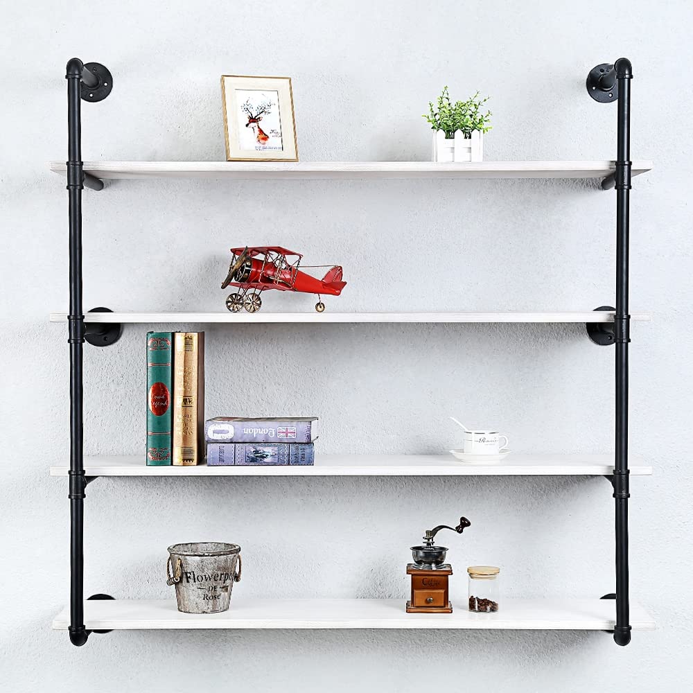 Industrial Pipe Shelving Wall Mounted - 48 Inch Rustic Metal Floating Shelves with Real Wood, Steampunk Style Bookshelves for Farmhouse & Kitchen Decor (4 Tier) - Perfect for Books, Plants, Barware & Home Organization