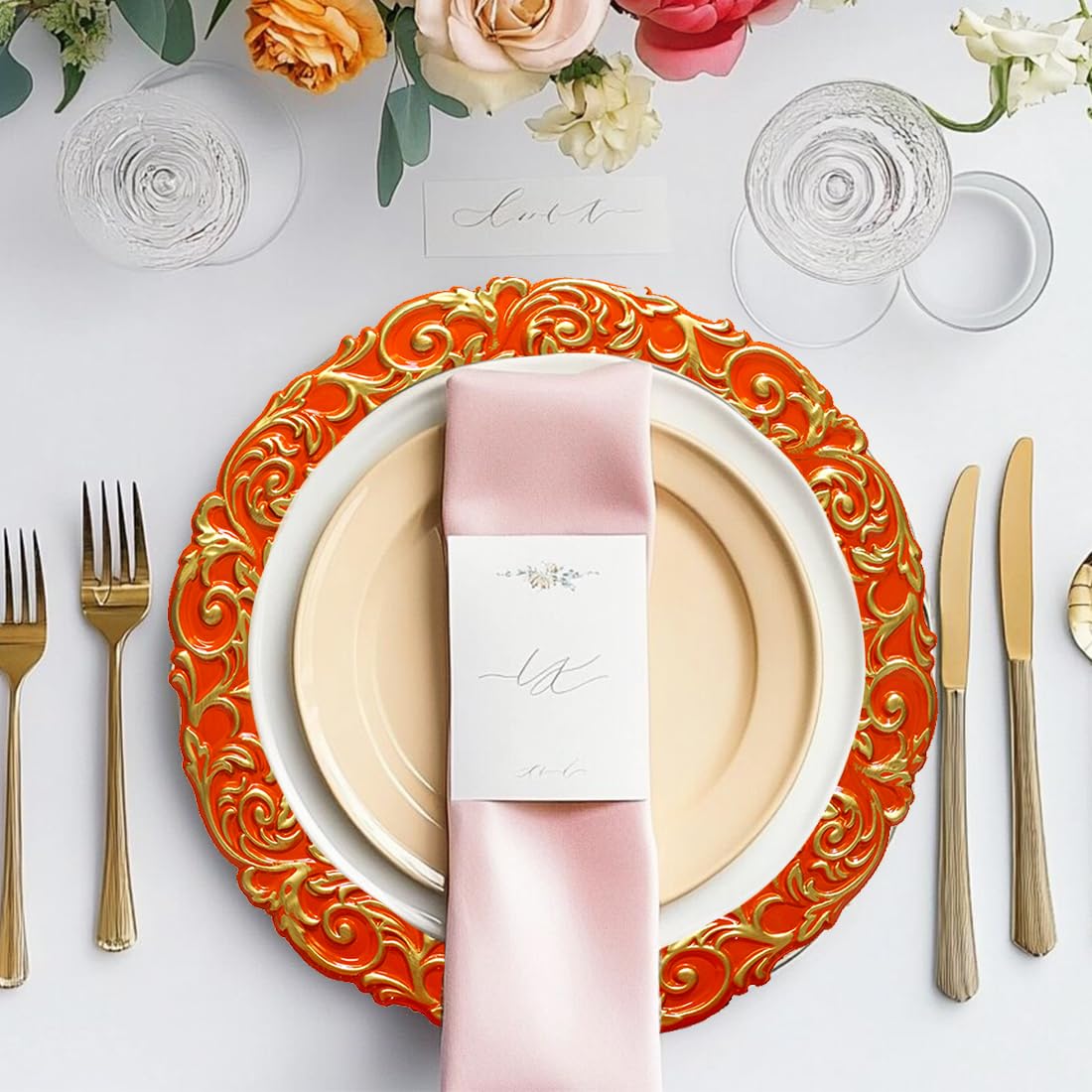 Gold Trimmed Orange Charger Plates - 13 Inch Elegant Plastic Dinner Plates for Wedding, Party & Formal Table Setting - Set of 6 - Perfect for Holiday Dinners, Buffet Displays & Upscale Events