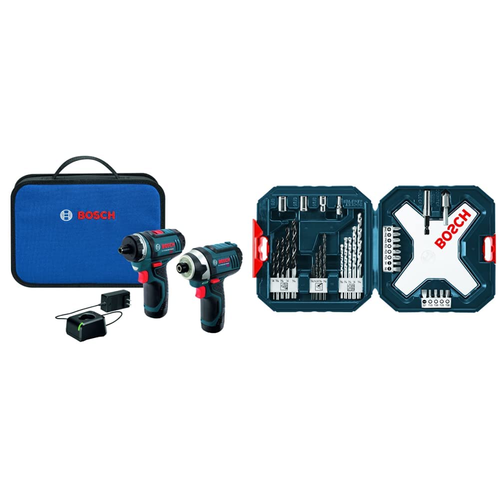 Bosch CLPK27-120 12V Max 2-Tool Combo Kit (Drill/Driver & Impact Driver) with 2 Batteries, Charger, Case & MS4034 34-Piece Drill Bit Set - Perfect for DIY Home Projects, Construction, and Professional Use