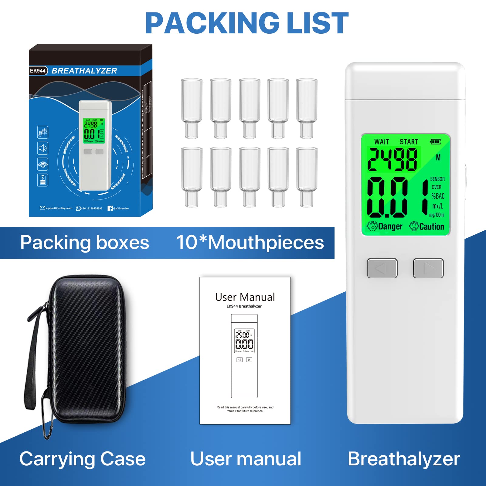 Professional Breathalyzer Alcohol Tester - High Accuracy BAC Detector with Memory Recall & Alarm Function - Includes 10 Disposable Mouthpieces (White) - Perfect for Personal Safety, Workplace Testing & Law Enforcement Use