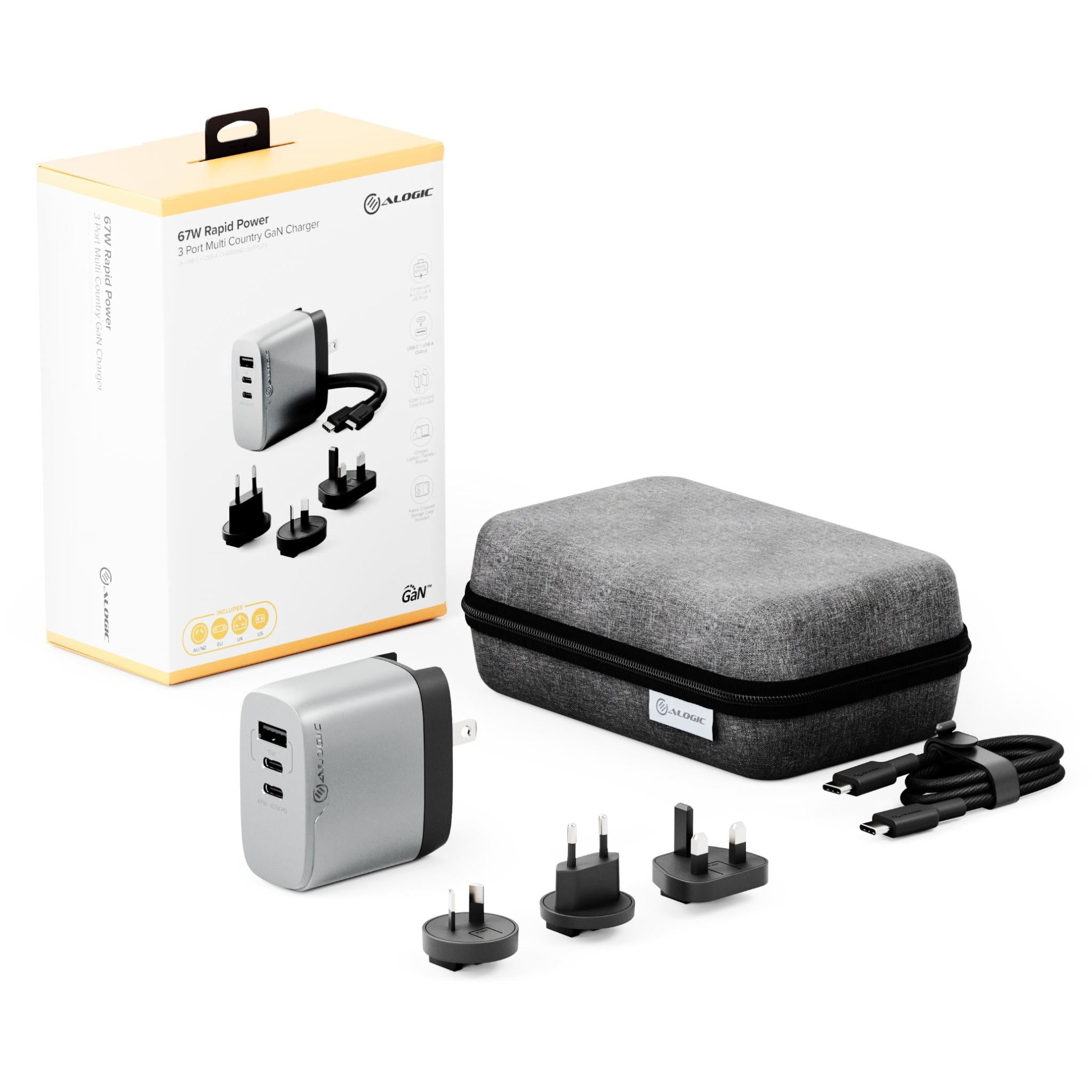 ALOGIC 3X67 67W Fast GaN Charger with Multi-Country Adapter - Compact Travel Charger for Laptop, Phone & Tablet - Perfect for Business Trips & International Travel (Space Grey)
