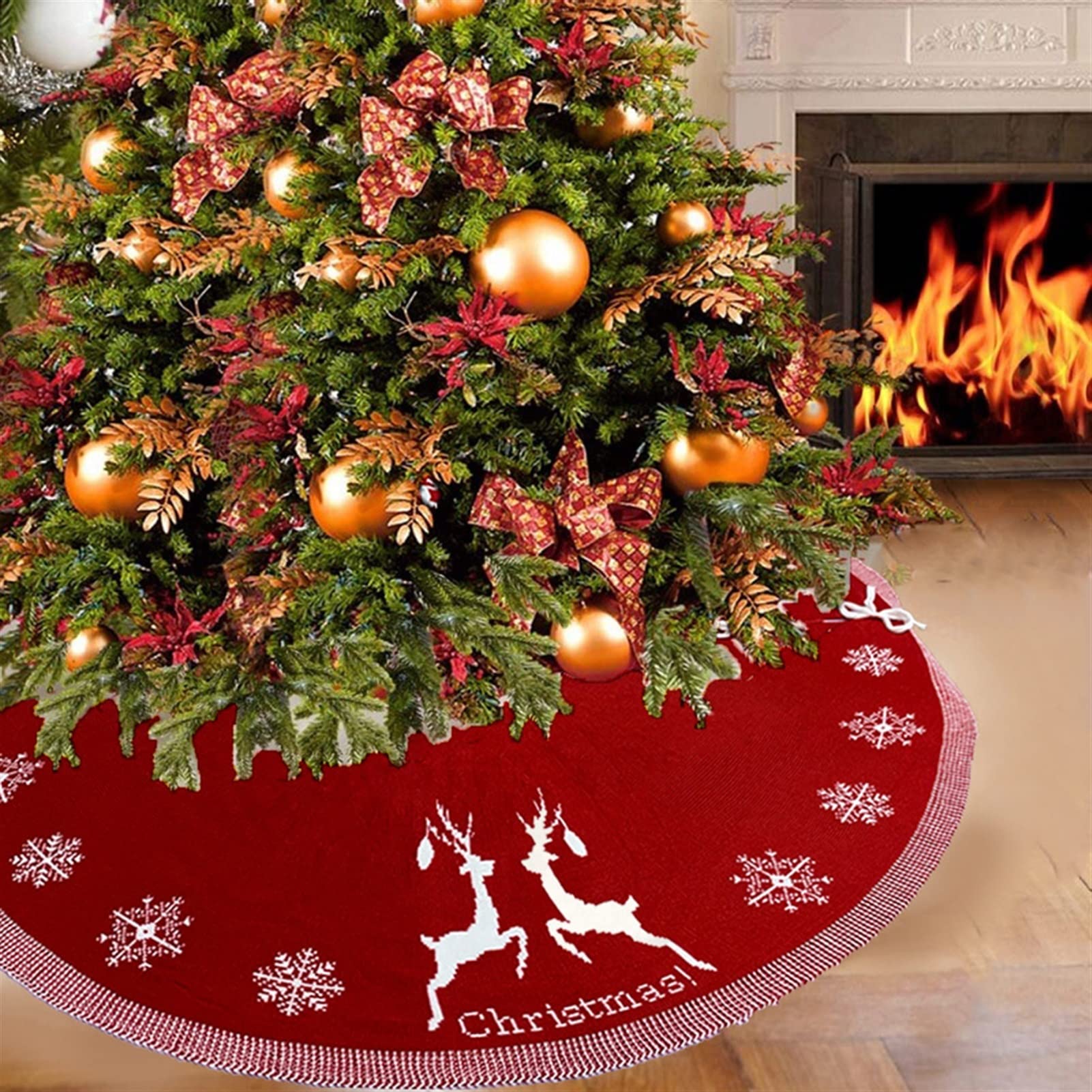 CAREG Knitted Acrylic Christmas Tree Skirt - 95cm Round Xmas Tree Bottom Cover for Holiday Home Decor (Red) | Perfect for Fireplace, Living Room & Festive Party Decorations