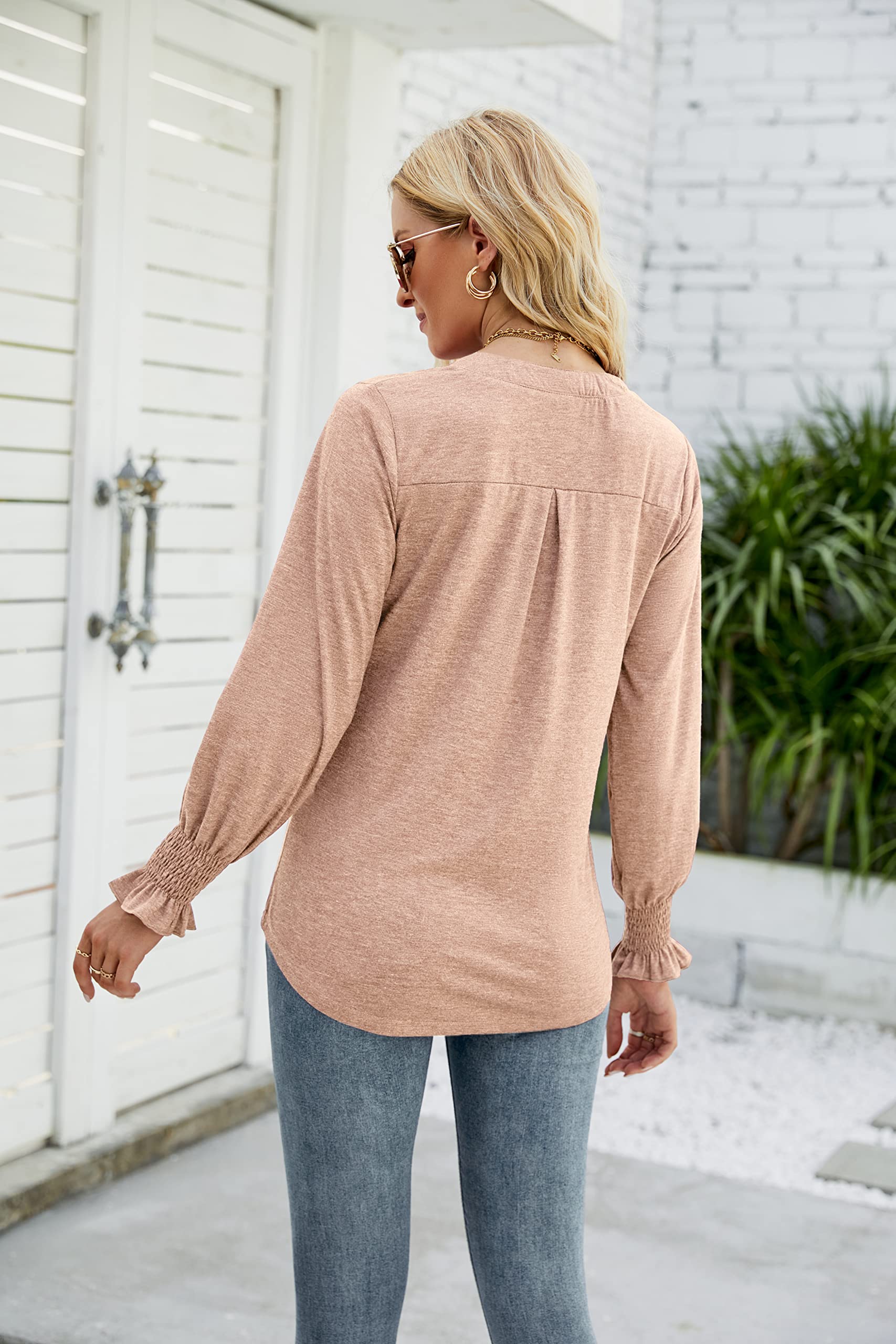 2025 Women's Puff Long Sleeve V-Neck Tunic Top - Casual Loose Fit Blouse in Solid & Floral Prints | Perfect for Work, Date Night & Weekend Outfits