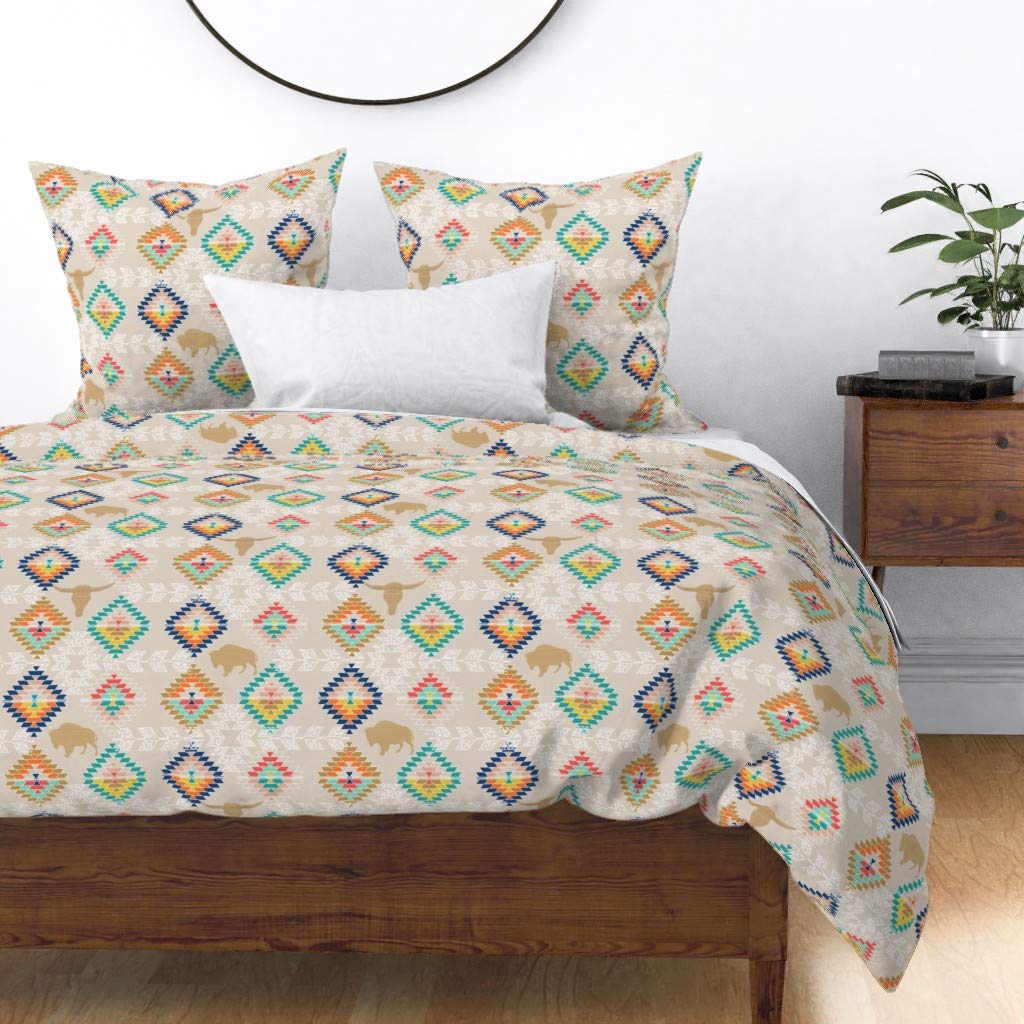 Custom Southwestern Diamonds Buffalo Kilim Boho Geometric Print Cotton Sateen Duvet Cover for Twin Bed | Modern Bedding Set for Bohemian & Eclectic Home Decor