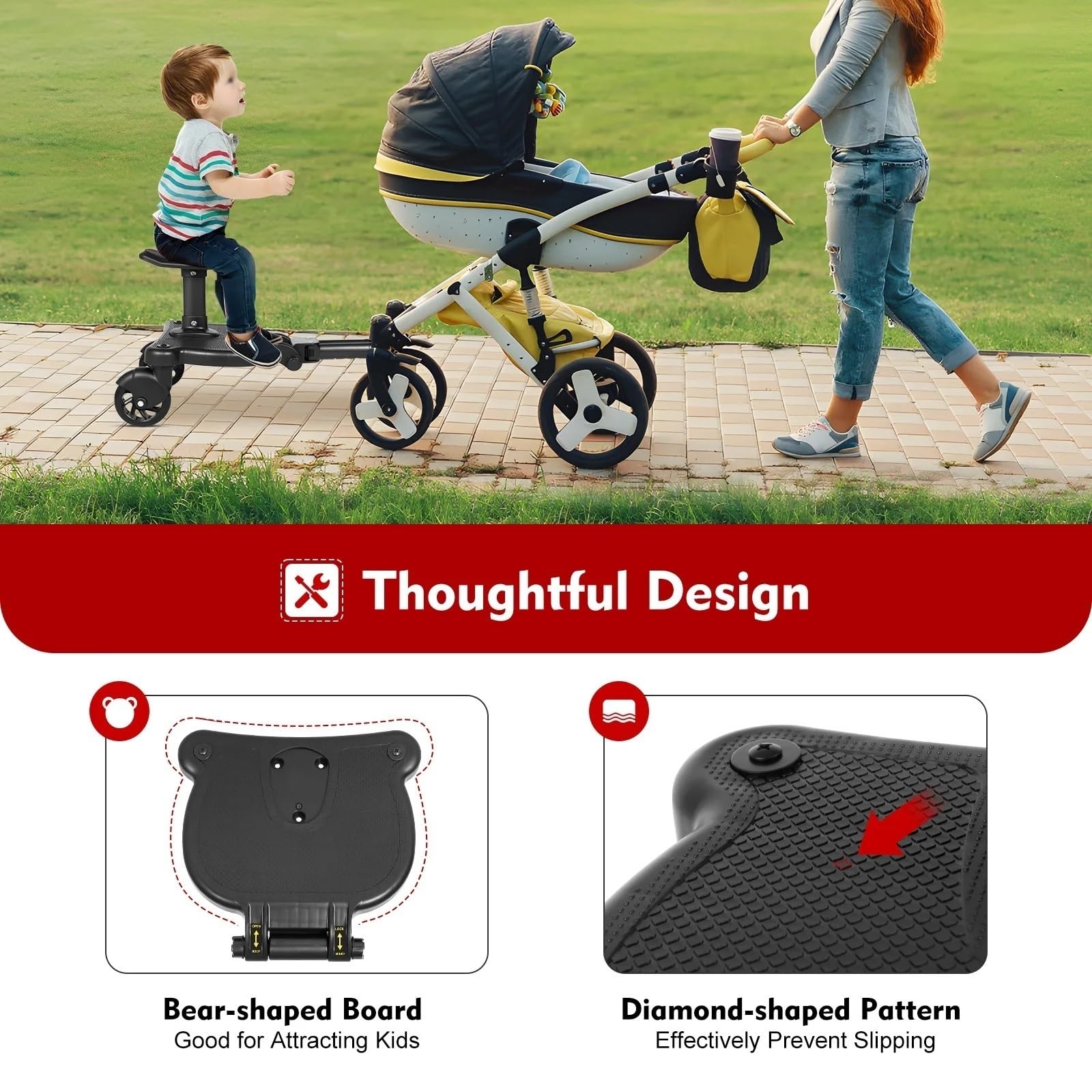 Universal 2-in-1 Stroller Board with Detachable Seat - Standing Ride-On Platform for Toddlers | Compatible with Most Strollers | Perfect for Shopping, Travel & Family Outings