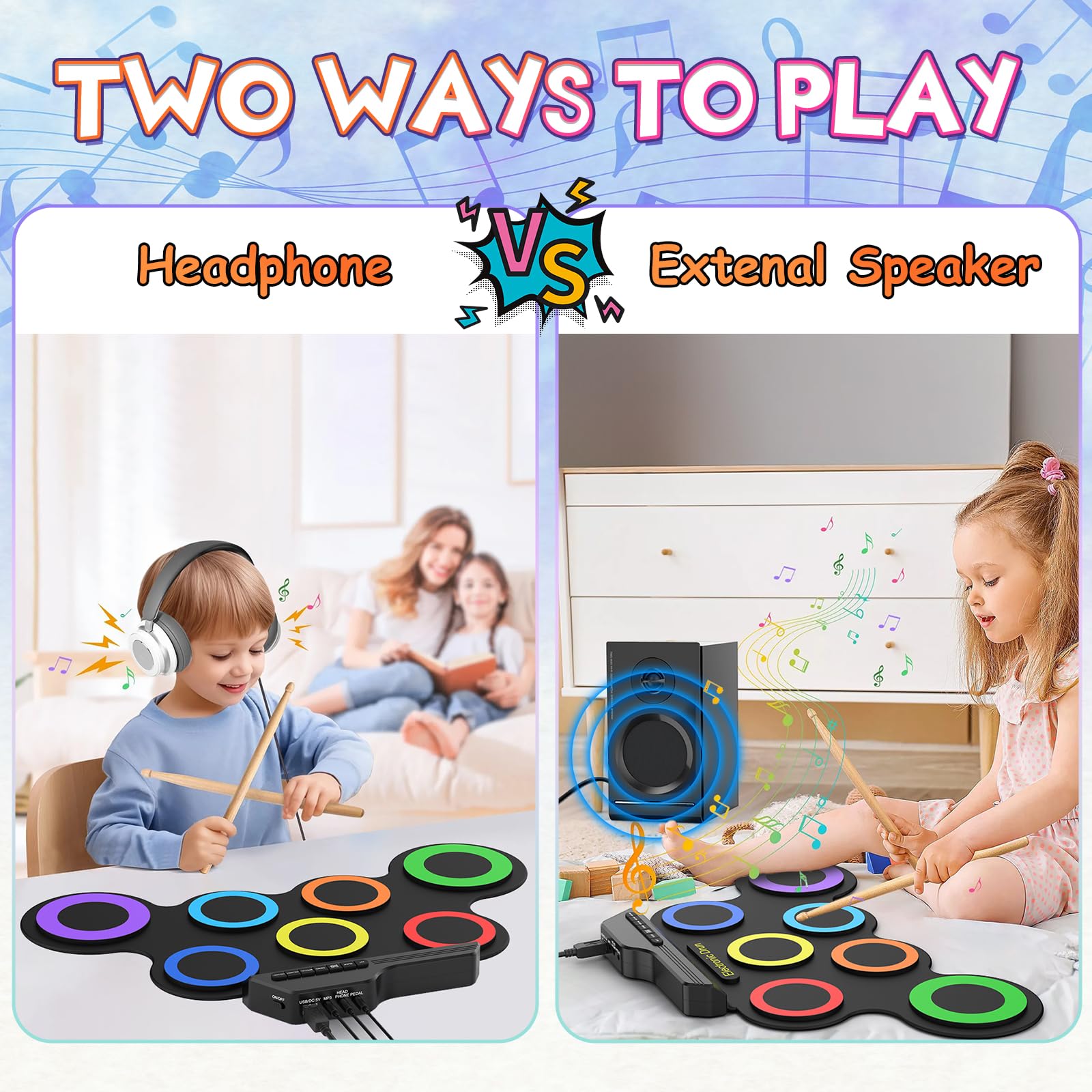 Rocktata® Electronic Drum Set - 7 Pad Roll-Up Drum Kit with Headphone Jack, Pedals & Drumsticks | Portable Practice Pads for Kids & Beginners | Perfect for Home Practice, Music Lessons & Quiet Training (No Built-in Speaker)