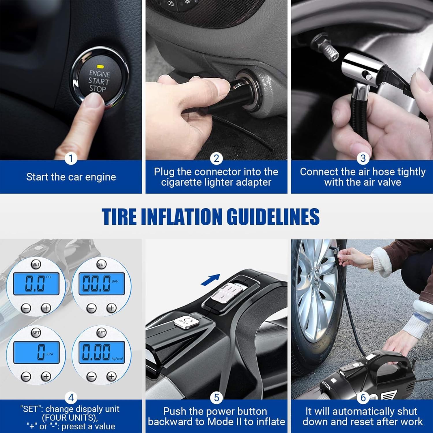 VARSK 4-in-1 High Power Car Vacuum Cleaner & Tire Inflator - 12V DC Portable Auto Vac with Digital Tire Pressure Gauge, LCD Display, LED Light & 15FT Cord - Perfect for Car Cleaning, Emergency Tire Inflation, Road Trips & Camping Accessories