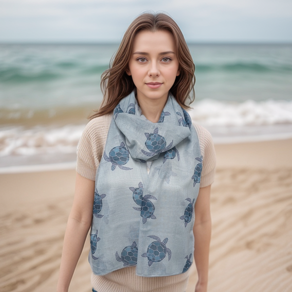 Talia the Turtle Print Scarf - Soft & Stylish Sky Blue Fashion Scarf (50x180cm) - Perfect for Women's Winter Accessories, Gift Ideas & Casual Outfits