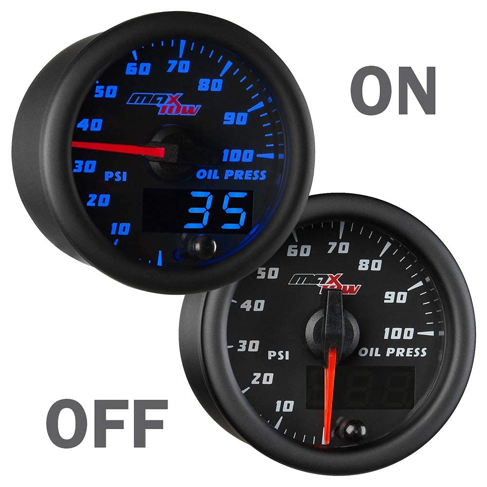 MaxTow Double Vision 100 PSI Oil Pressure Gauge Kit with Electronic Sensor - Black Face & Blue LED Dial - Analog & Digital Readout - 2-1/16