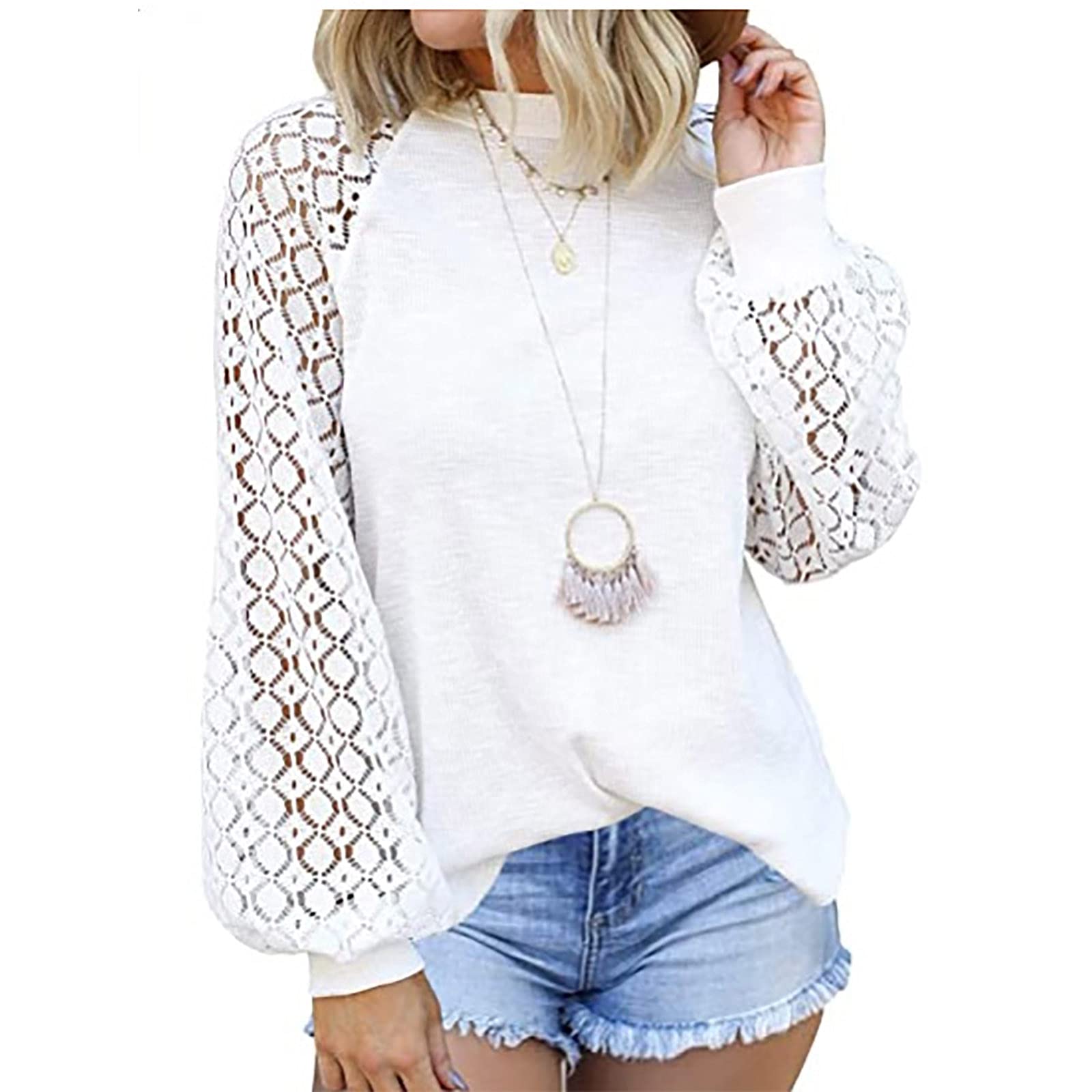 ZEFOTIM Women's Fashion Solid Color Lace Splicing Tunic Shirts - Casual Long Sleeve O-Neck Loose Blouse Tees for Going Out, Dating, and Office Wear