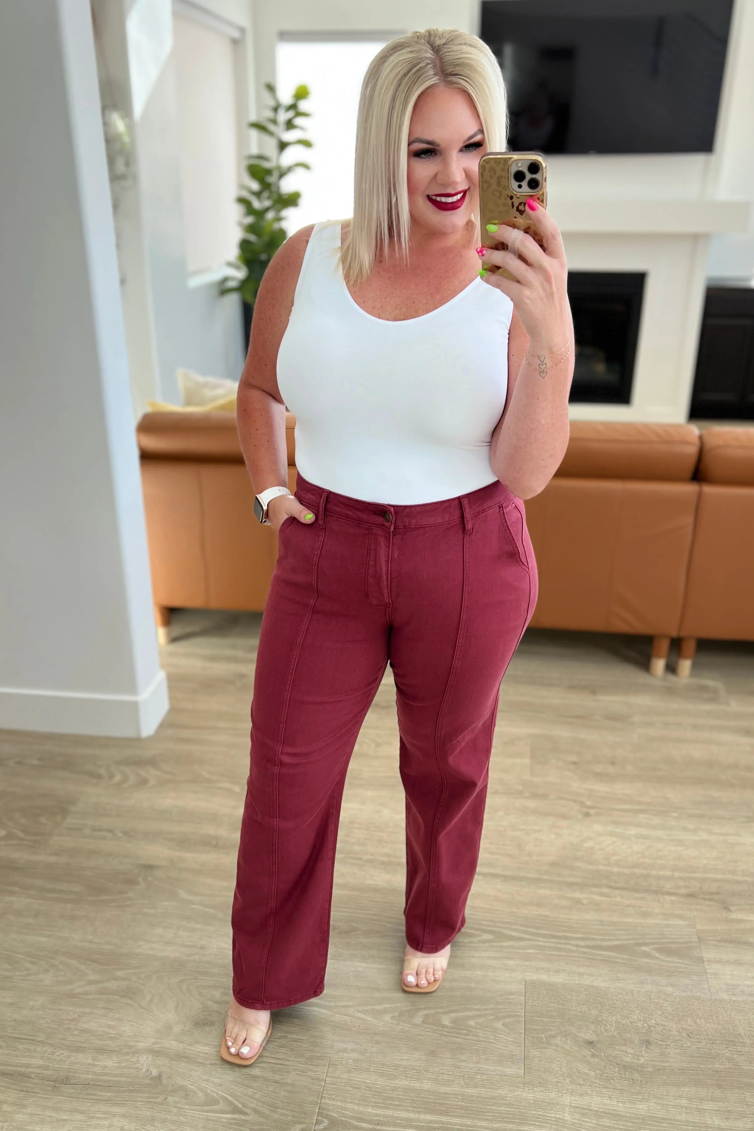 Phoebe High Rise Front Seam Straight Jeans in Burgundy - Women's Slim Fit Stretch Denim Pants for Casual Wear & Everyday Outfits