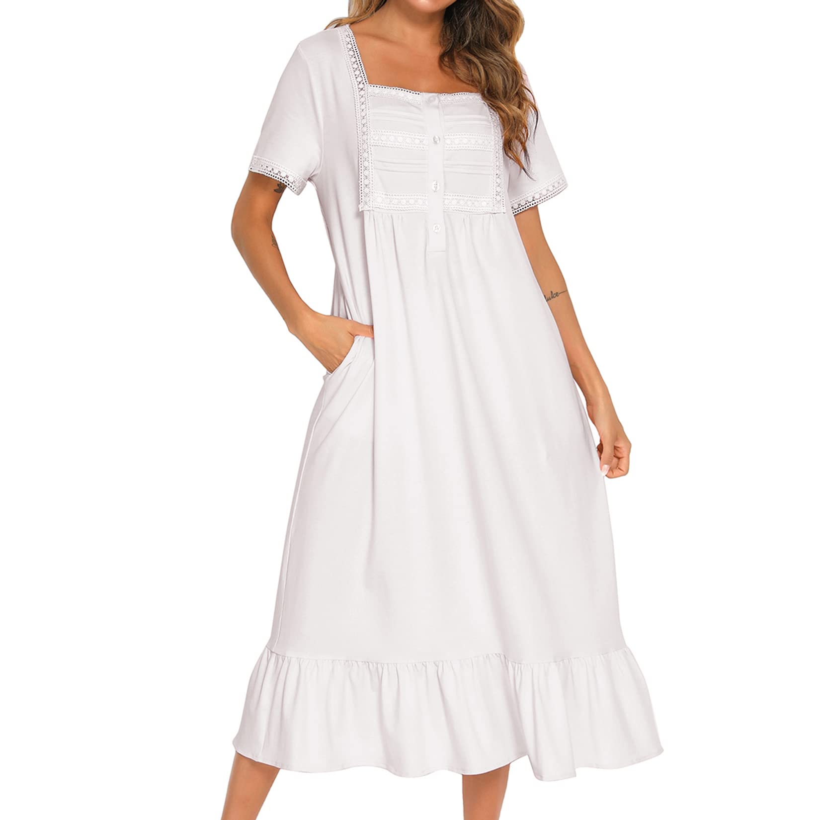 Victorian Cotton Nightgown for Women - Soft Long Sleep Dress with Short Sleeves, Elegant Princess Pajama Top - Perfect for Relaxing at Home, Romantic Getaways & Cozy Bedtime Comfort
