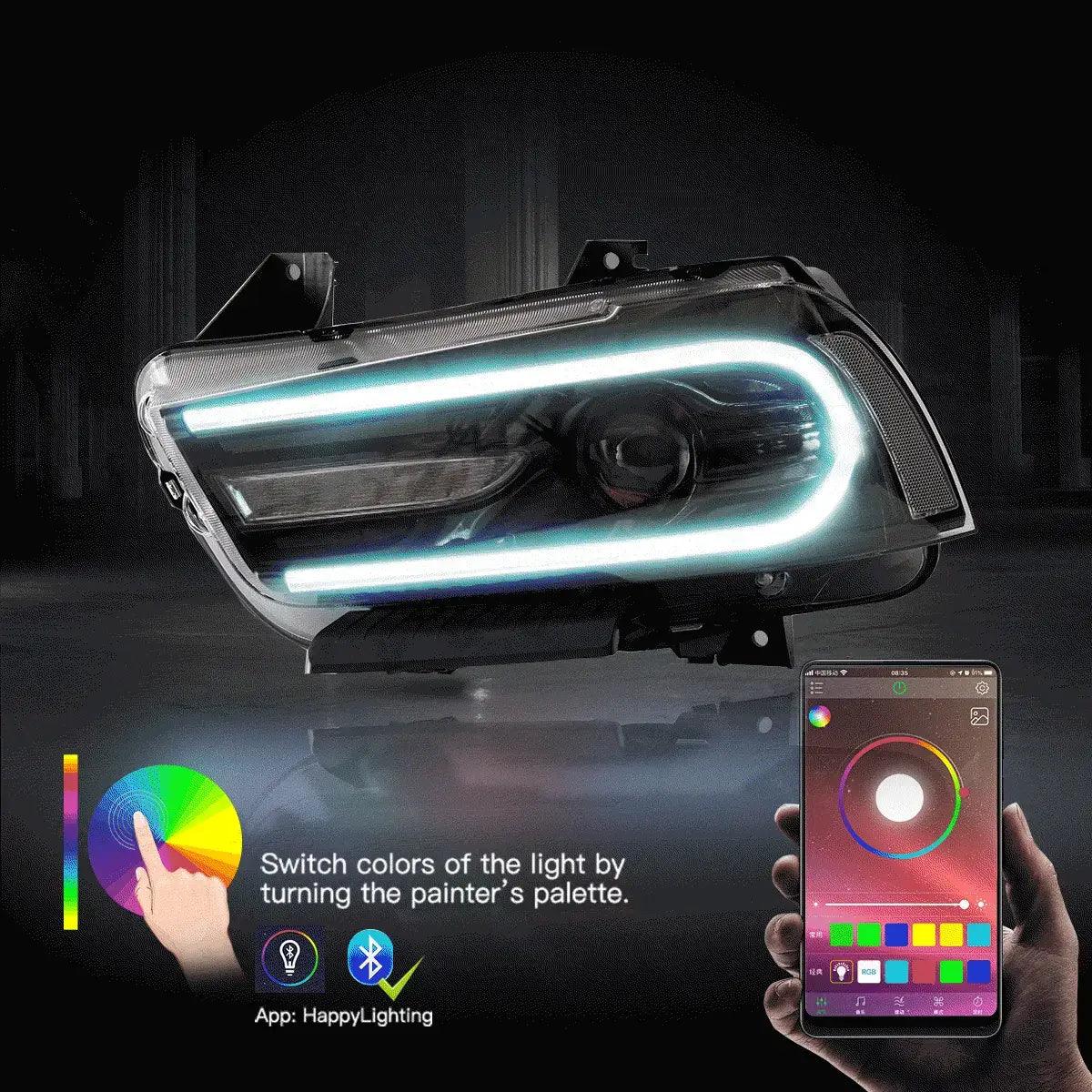 RGB LED Headlight Assembly with Dual Beam Projector - Compatible with 2011-2014 Dodge Charger (LD) - Black Housing - Upgrade for Night Driving & Car Customization