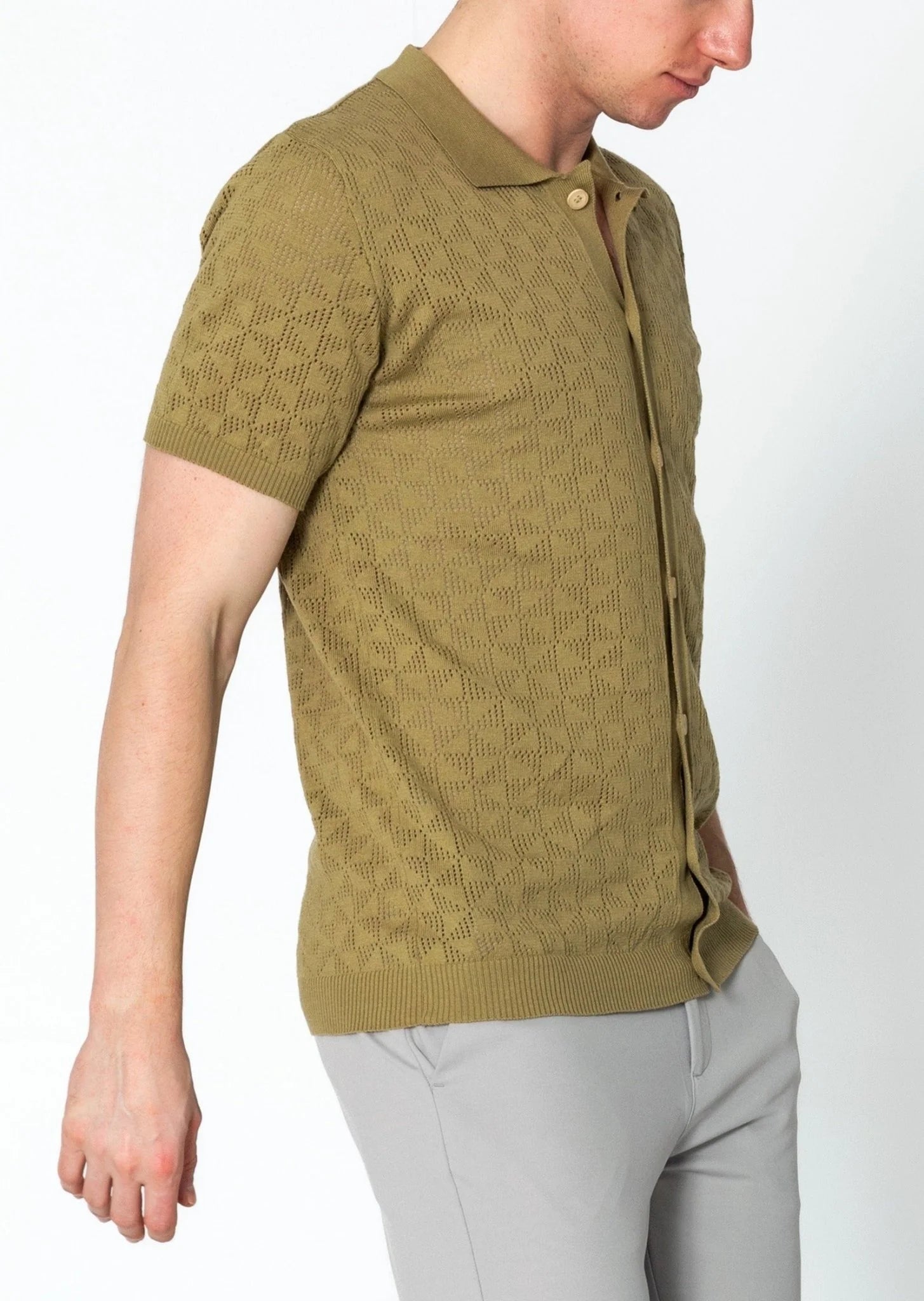 Geometric Crochet Polo Shirt for Men - Stylish Green Summer Casual Top | Perfect for Beach Outings, Music Festivals & Boho Fashion