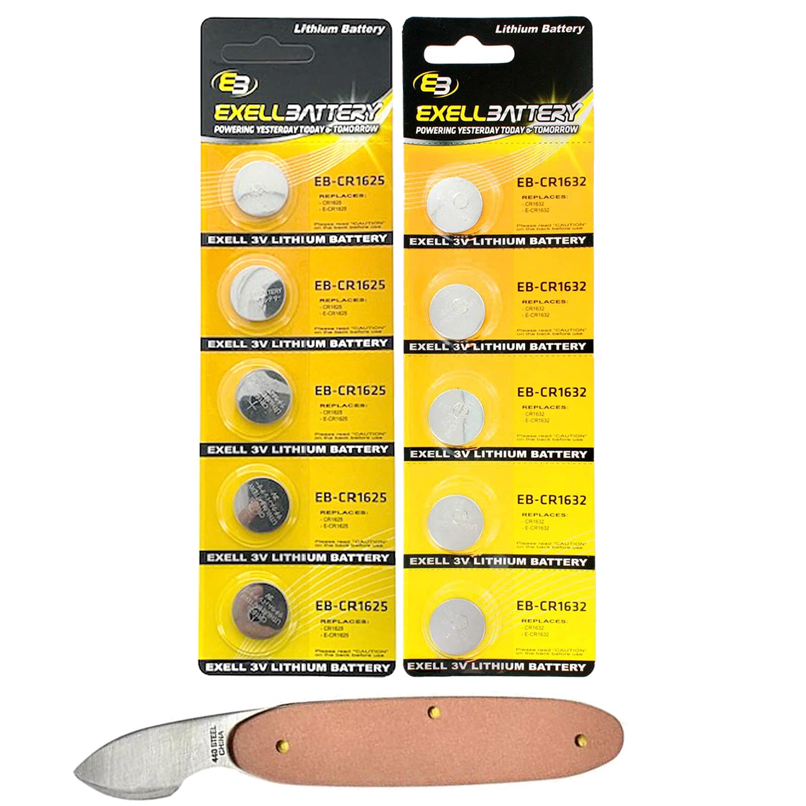 Exell Coin Cell Battery Combo Pack - 5pk CR1625, 5pk CR1632 & Watch Back Opener Tool - Perfect for Watches, Calculators, Key Fobs & Small Electronics