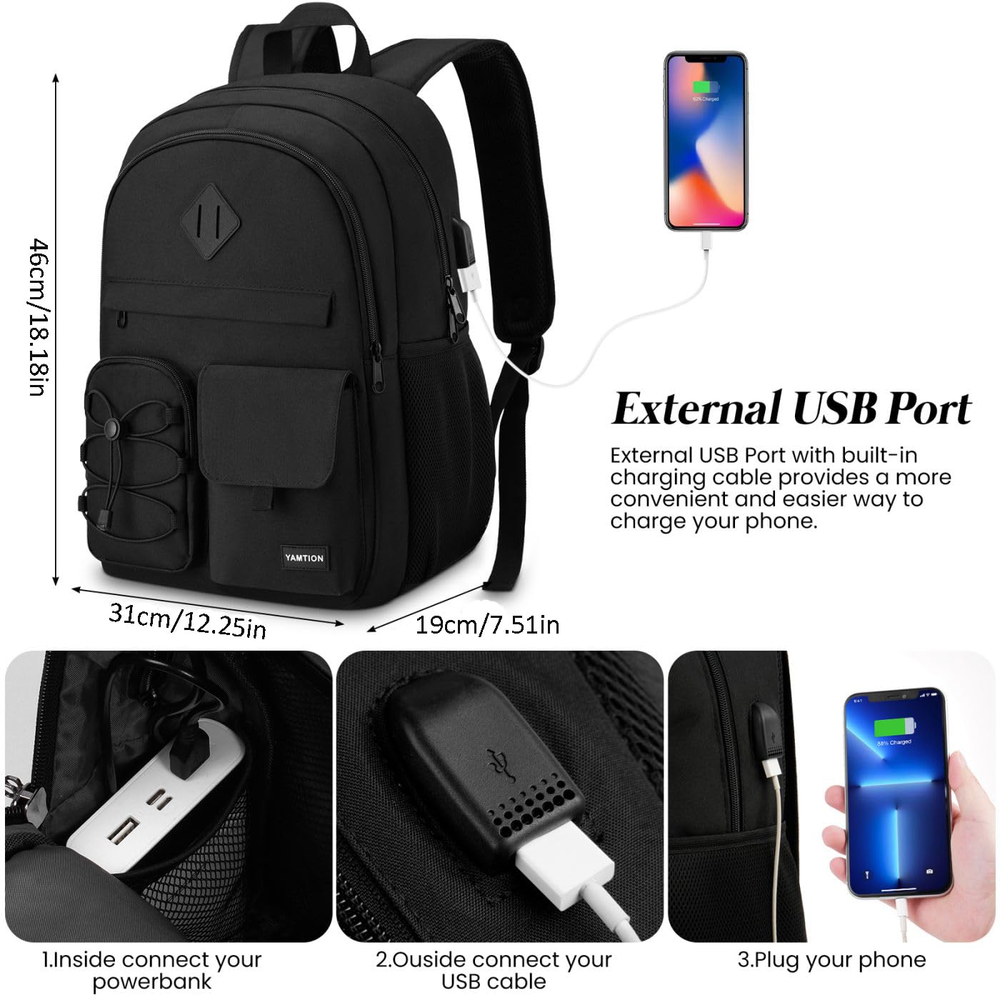 17.3 Inch Laptop Backpack for Women & Men - Durable Travel Backpack for High School, College Students & Teens - Water-Resistant School Bookbag for Daily Commute, Work & Outdoor Activities - Black