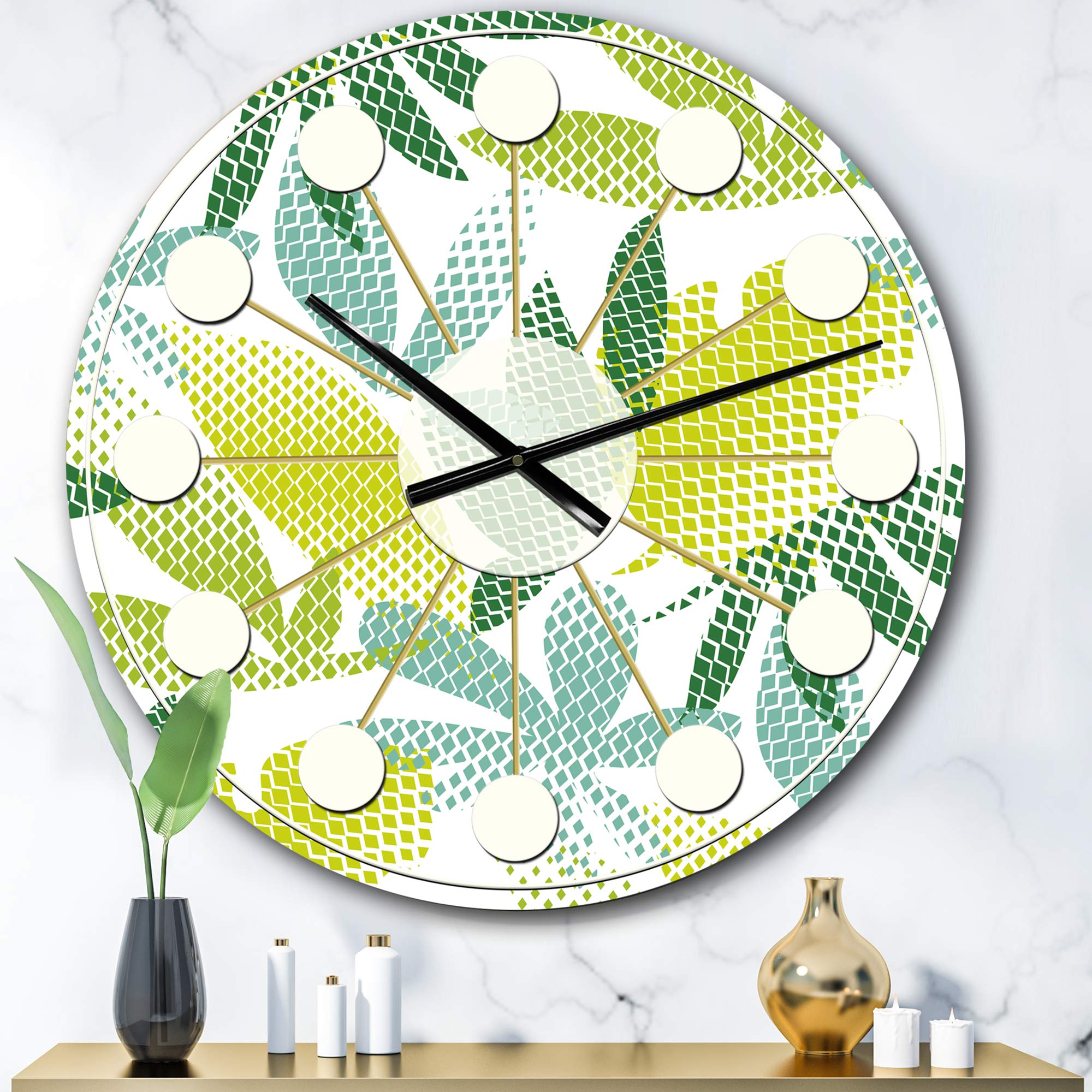 DesignQ Mid-Century Modern Wall Clock 'Tropical Botanicals III' - 12 Inch Round Green Wall Clock for Home & Office Decor - Perfect for Living Room, Bedroom, Kitchen & Office Spaces