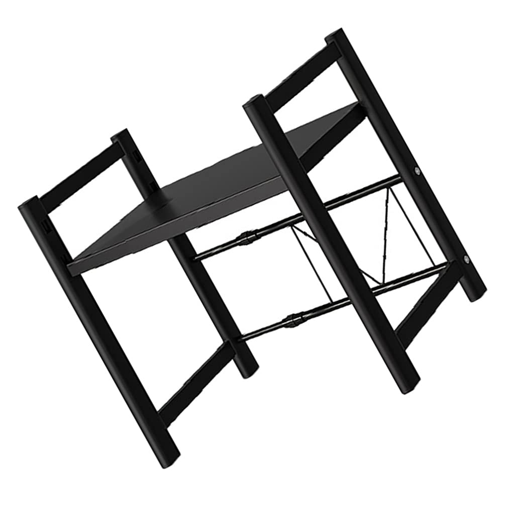 ULTNICE 2-Tier Expandable Microwave Oven Rack - Heavy Duty Metal Shelf Organizer for Kitchen with 3 Hooks - Space Saving Solution for Microwave, Rice Cooker & Small Appliances (Black) - Perfect for Small Kitchens & Dorm Rooms