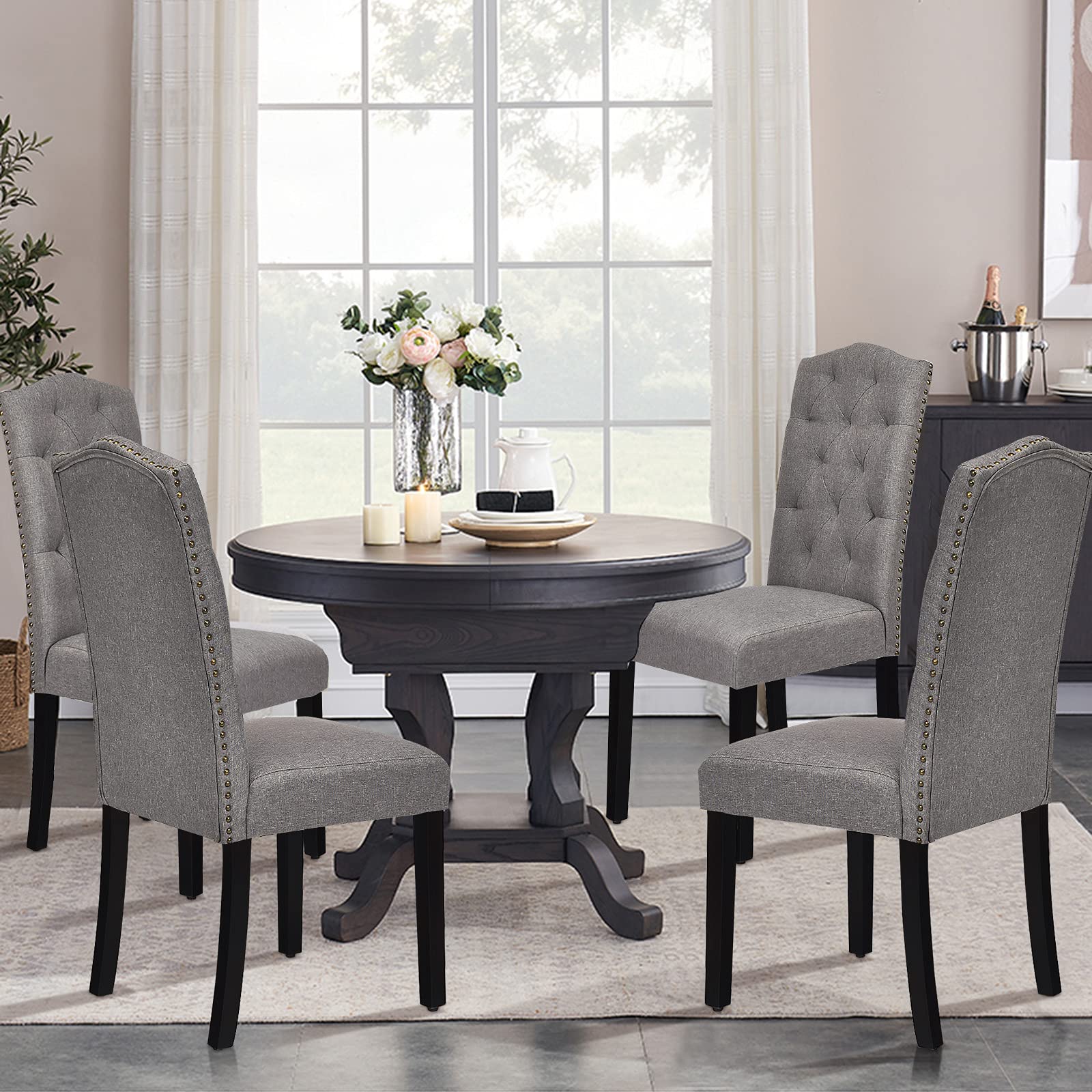 S AFSTAR 2-Piece Fabric Dining Chair Set - Upholstered Accent Chairs with Solid Wood Legs & Tall Back, Tufted Parsons Design for Kitchen, Dining Room, Living Room - Comfortable & Stylish Seating (Grey)