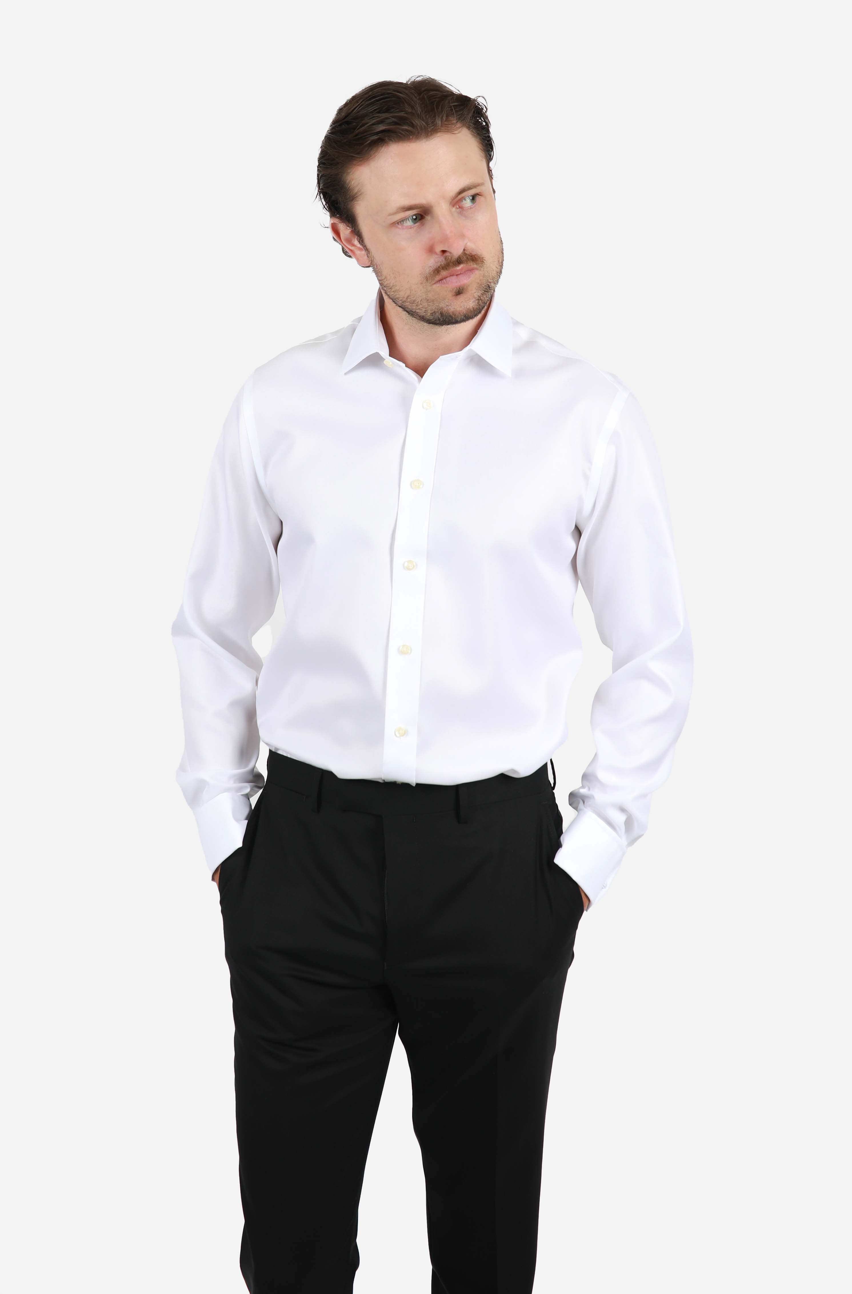 Premium White Herringbone French Cuff Dress Shirt for Men - Contemporary Slim Fit Business Formal Wear - Perfect for Weddings, Office & Special Occasions