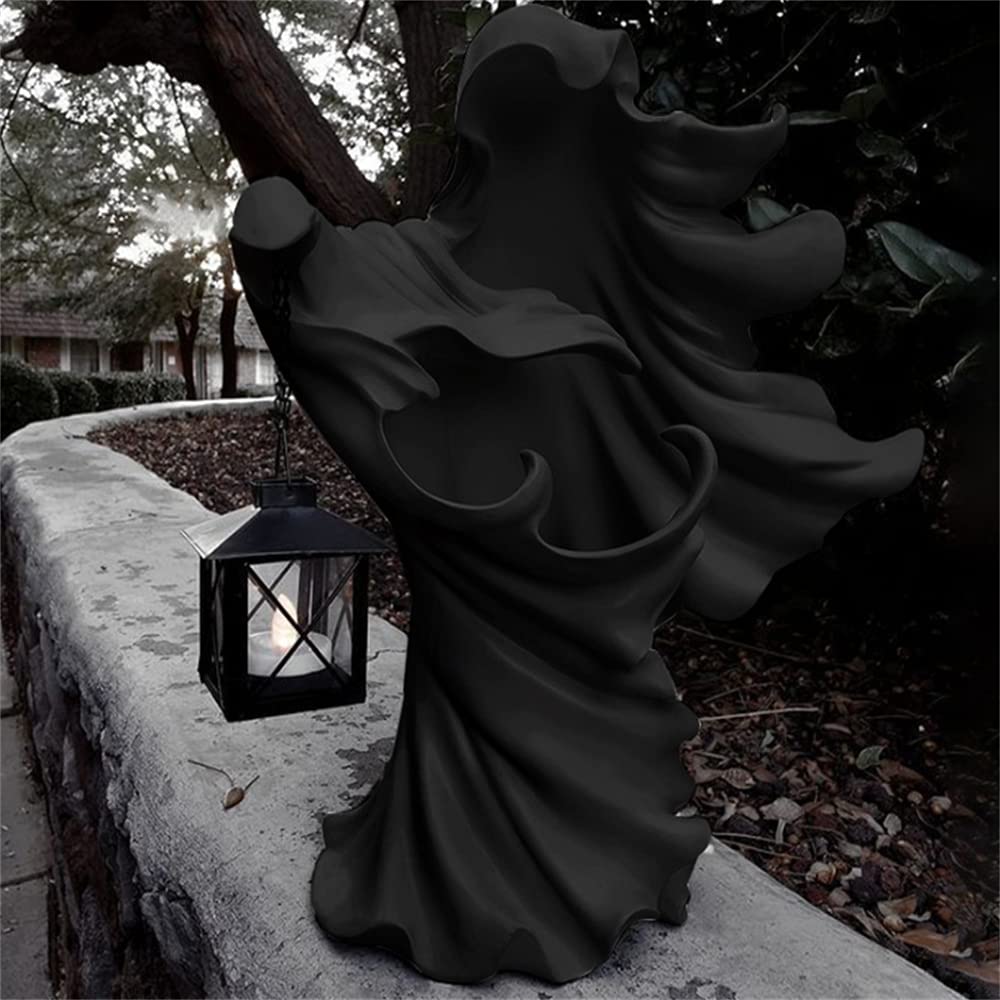 Realistic Resin Ghost Sculpture with Lantern - Halloween Outdoor Witch Ghoul Lamp for Garden & Yard Decor - Spooky Witch Decoration for Halloween Party, Haunted House, and Themed Events (Black)