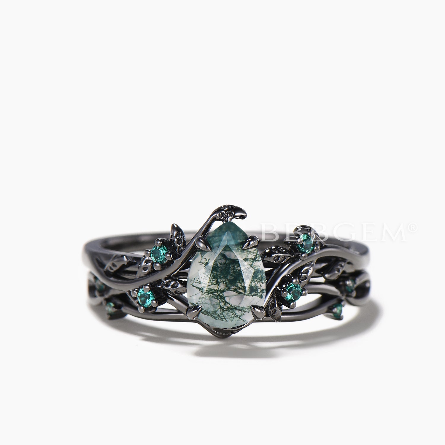 Natural Pear Cut Moss Agate Engagement Ring Set in Twisted Black Gold – Elegant Bridal Jewelry for Weddings & Proposals