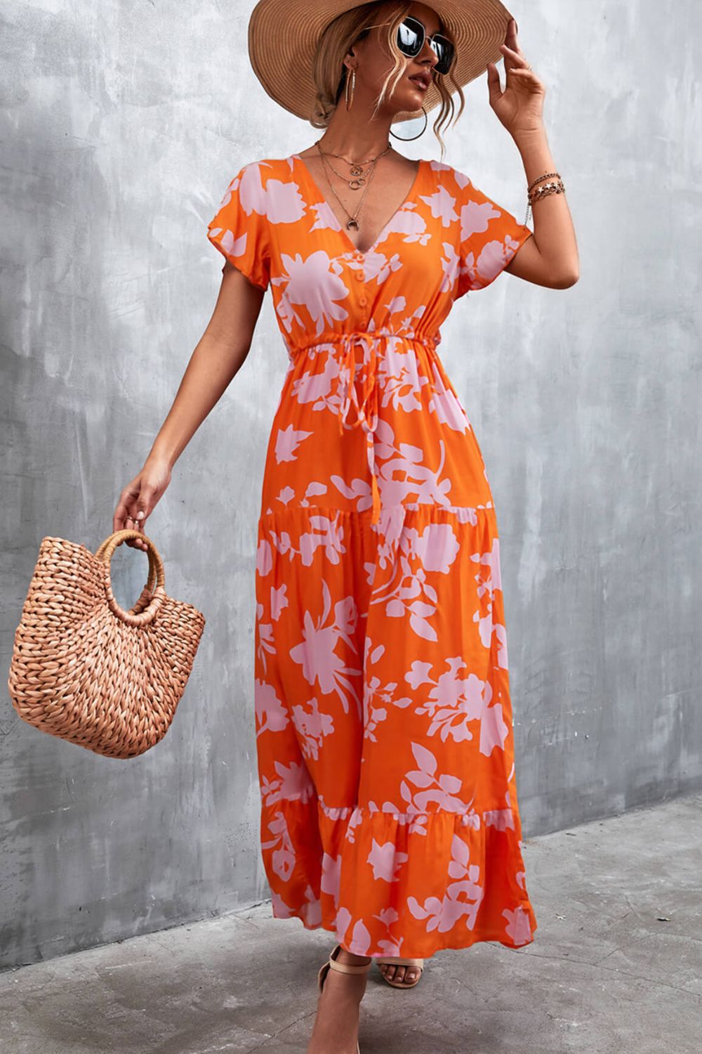 Floral Print Button Front Tiered Midi Dress with Drawstring Waist - Perfect for Spring Weddings, Garden Parties & Date Nights