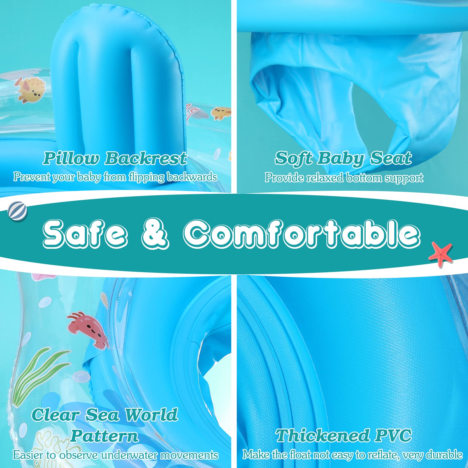 Zooawa Baby Swimming Float with Safety Seat - Thickened No Flip Infant Pool Float for Swim Training - Ideal for Babies 6-30 Months (Large, Blue) - Perfect for Pool, Beach & Backyard Water Play