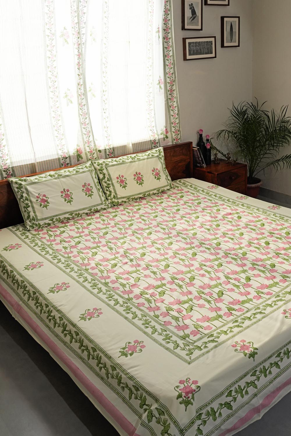 Serene Lotus Garden Hand Block Printed Cotton Percale Bedsheet Set | 100% Organic Cotton Luxury Bedding | Perfect for Boho Chic & Zen Bedroom Decor