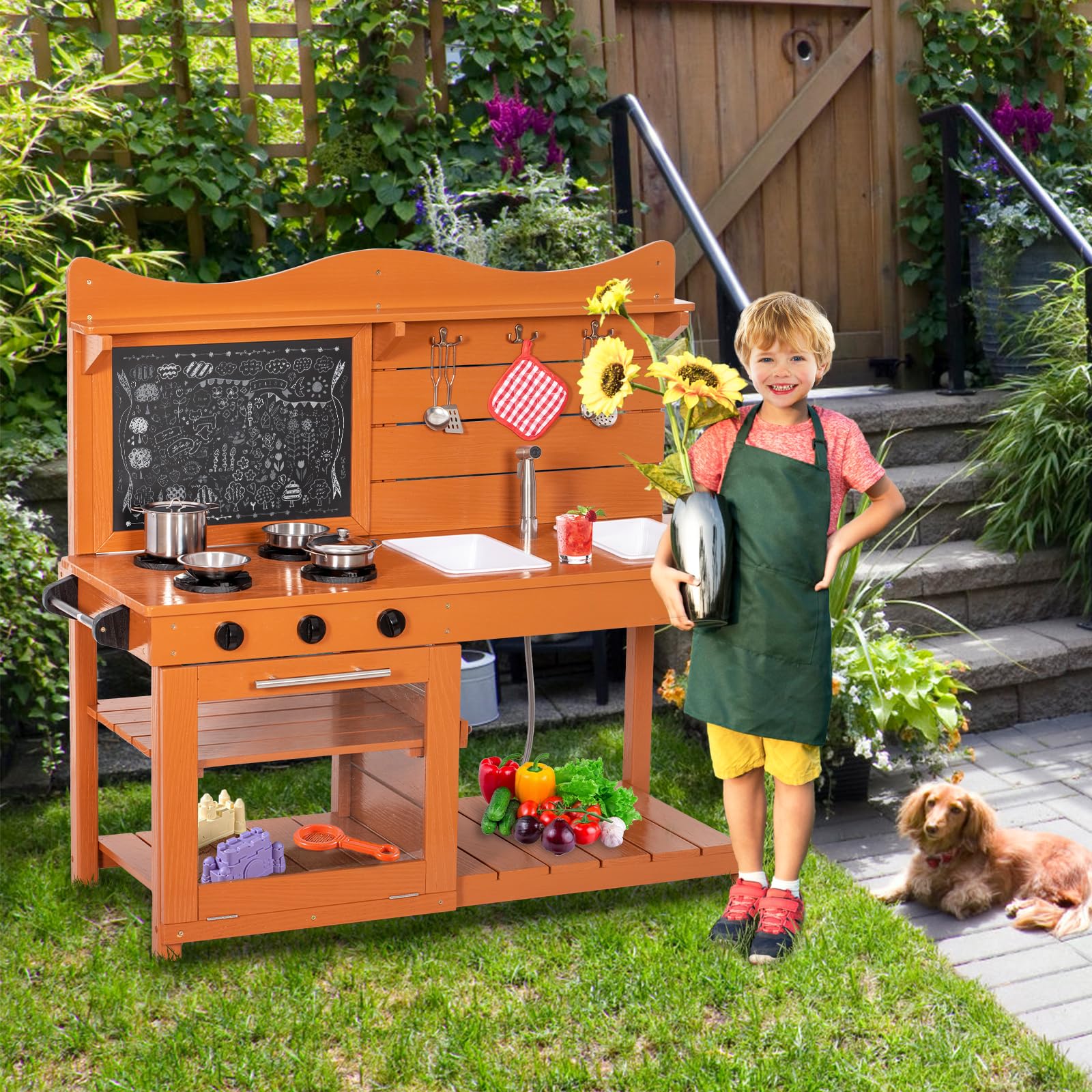 **Wooden Kids Mud Kitchen Playset with 2 Removable Sinks, Spray Pipe, Blackboard & Kitchenware - Outdoor Pretend Play Toy for Toddlers, Boys & Girls - Perfect for Backyard, Garden & Imaginative Play**