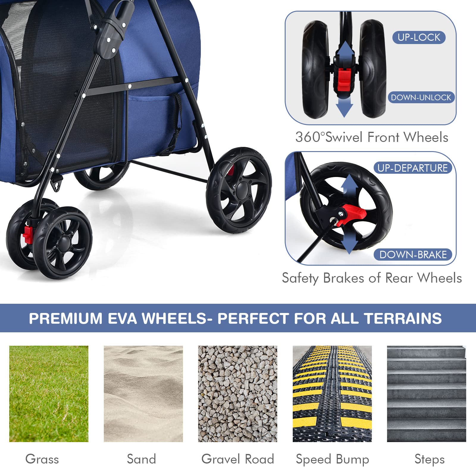 Giantex Double Pet Stroller for Dogs & Cats - 2 Detachable Carrier Bags, Safety Belt, 4 Lockable Wheels - Foldable Travel Carrier for Small & Medium Pets - Perfect for Park Walks, Vet Visits & Shopping Trips (Navy Blue)