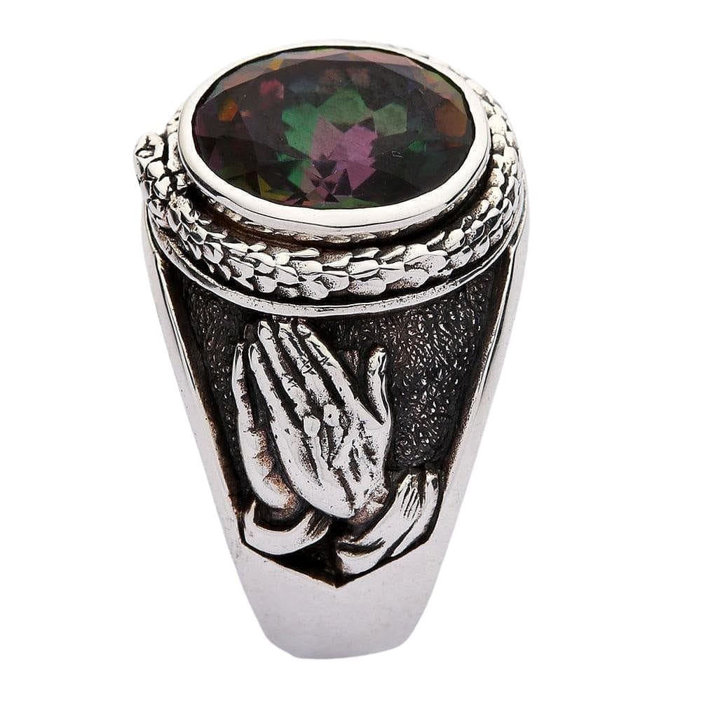 Mystic Topaz Gothic Ring Sterling Silver Praying Hands Jewelry for Women - Perfect for Gothic Fashion, Religious Gifts & Alternative Style Accessories